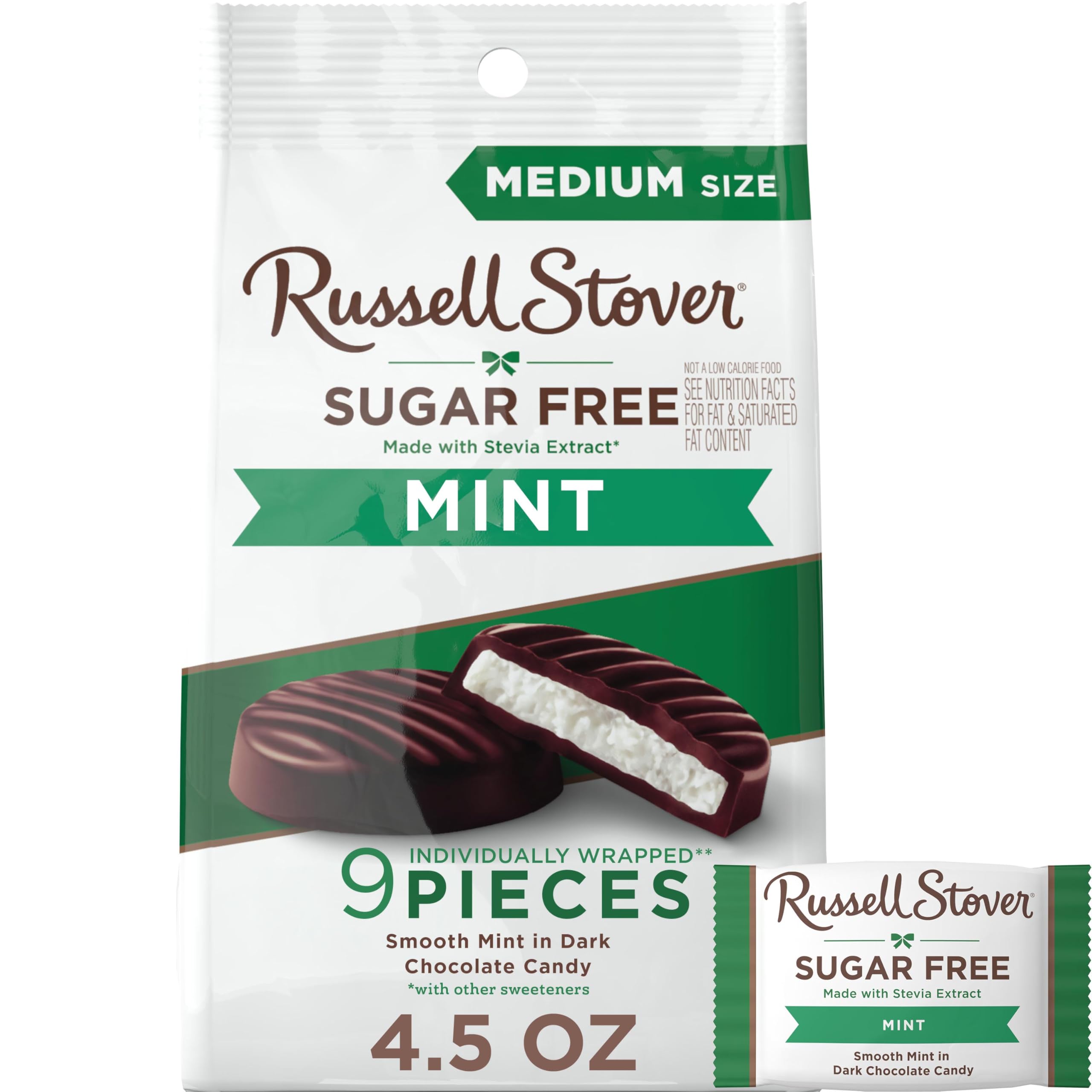 RUSSELL STOVER Sugar Free Dark Chocolate Mint Patties Candy, 4.5 oz. bag