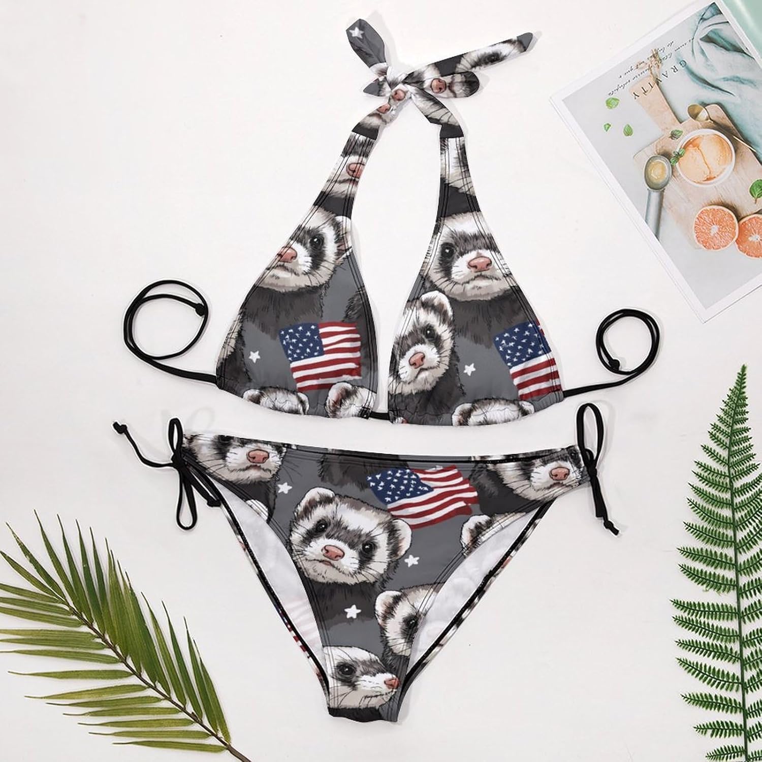 Ferret U.S. Flag Novelty Women's 2 Piece String Bikini Set Swimsuits Bathing Suit Swimwear