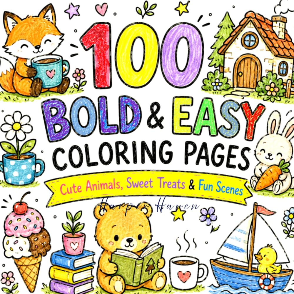 100 Bold and Easy Coloring Pages: Cute Animals, Sweet Treats & Fun Scenes
