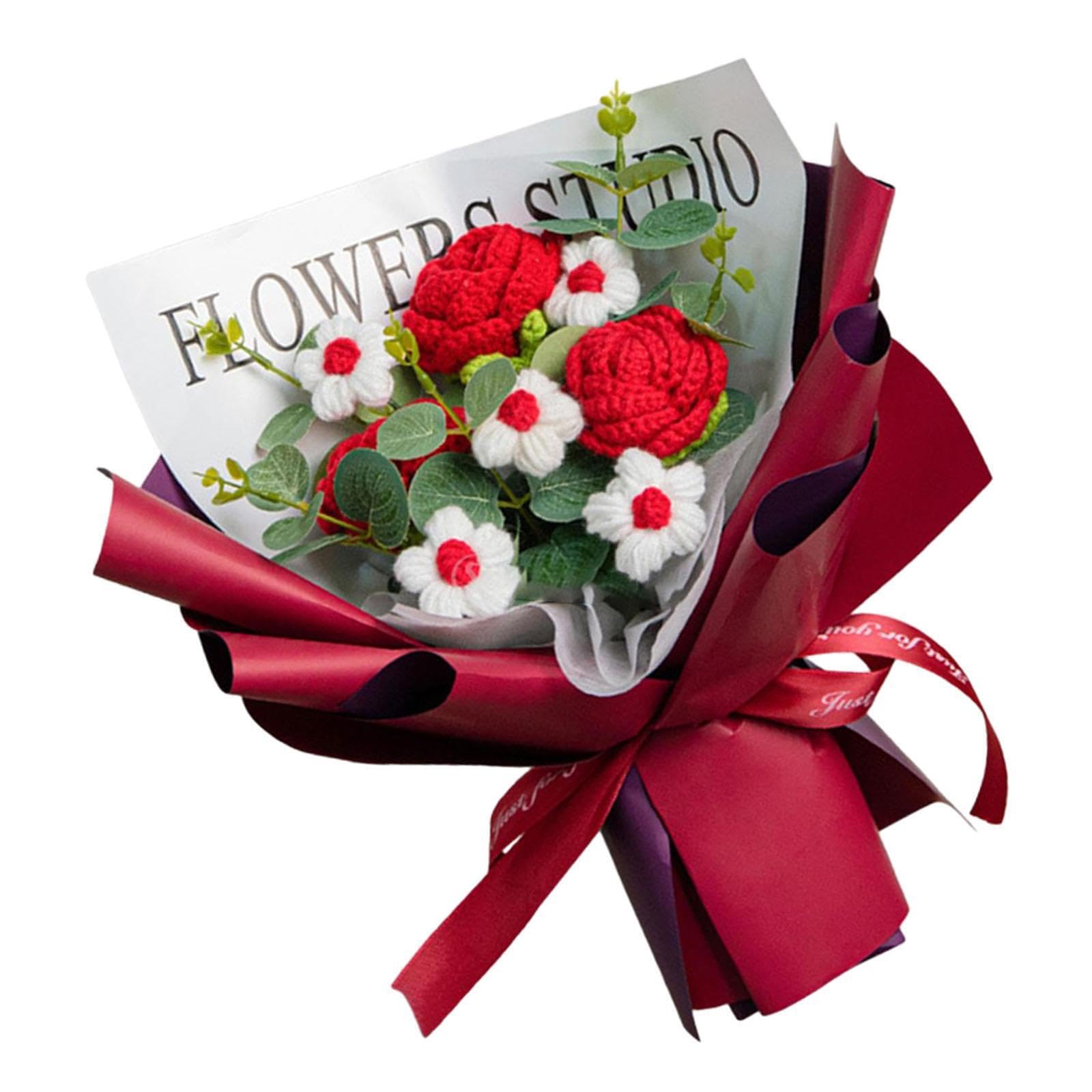 Zambuph Table Centerpiece Wedding Party Unique Handmad Crochet Bouquet Beautiful Floral Decor For Any Celebratory Event Flower Arrangement Fake Bouquet Spring, Red, 35x30cm