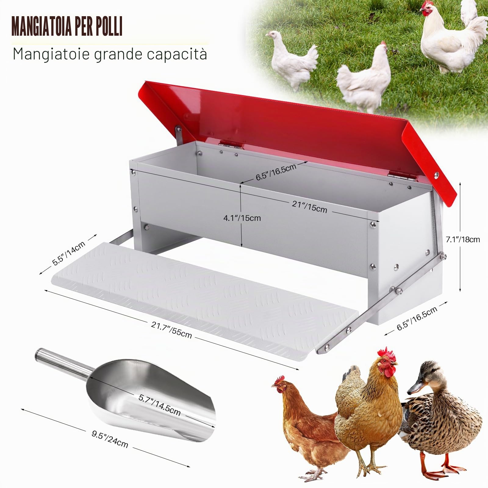 Alimentatore Automatico per Pollame, Mangiatoia per Galline per 5 Kg di Mangime, Mangiatoia Impermeabile per Polli, Tacchini, Oche, Anatre, Mangiatoia a Pedale