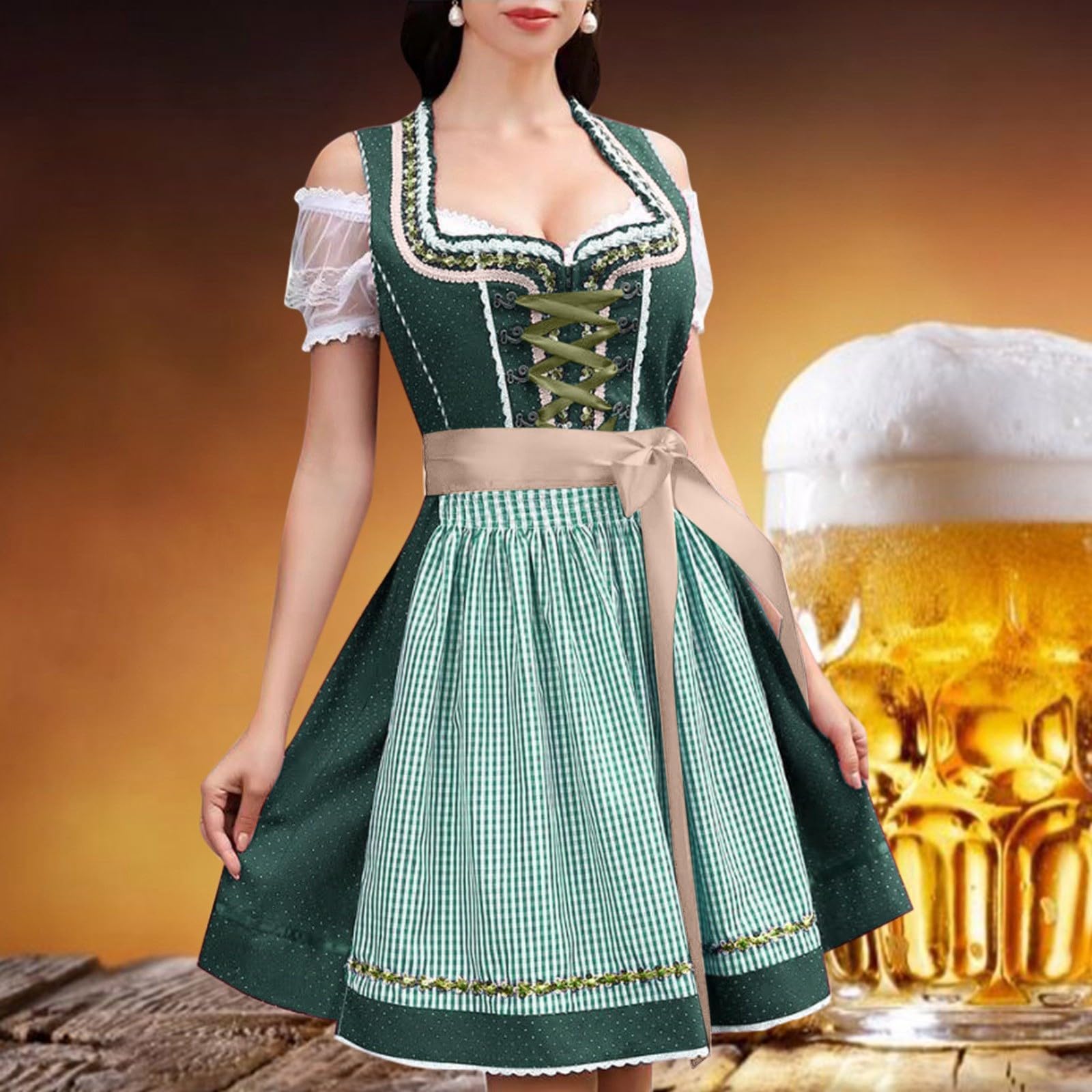 Generisch Dirndl Komplettset Women Midi Dirndl Und Bluse Mit Schürze Kurzarm Oktoberfest Damen Outfit Kariert Trachtenbluse Dirndlbluse Trachten Schürze Elegant Dirndlkleid Set