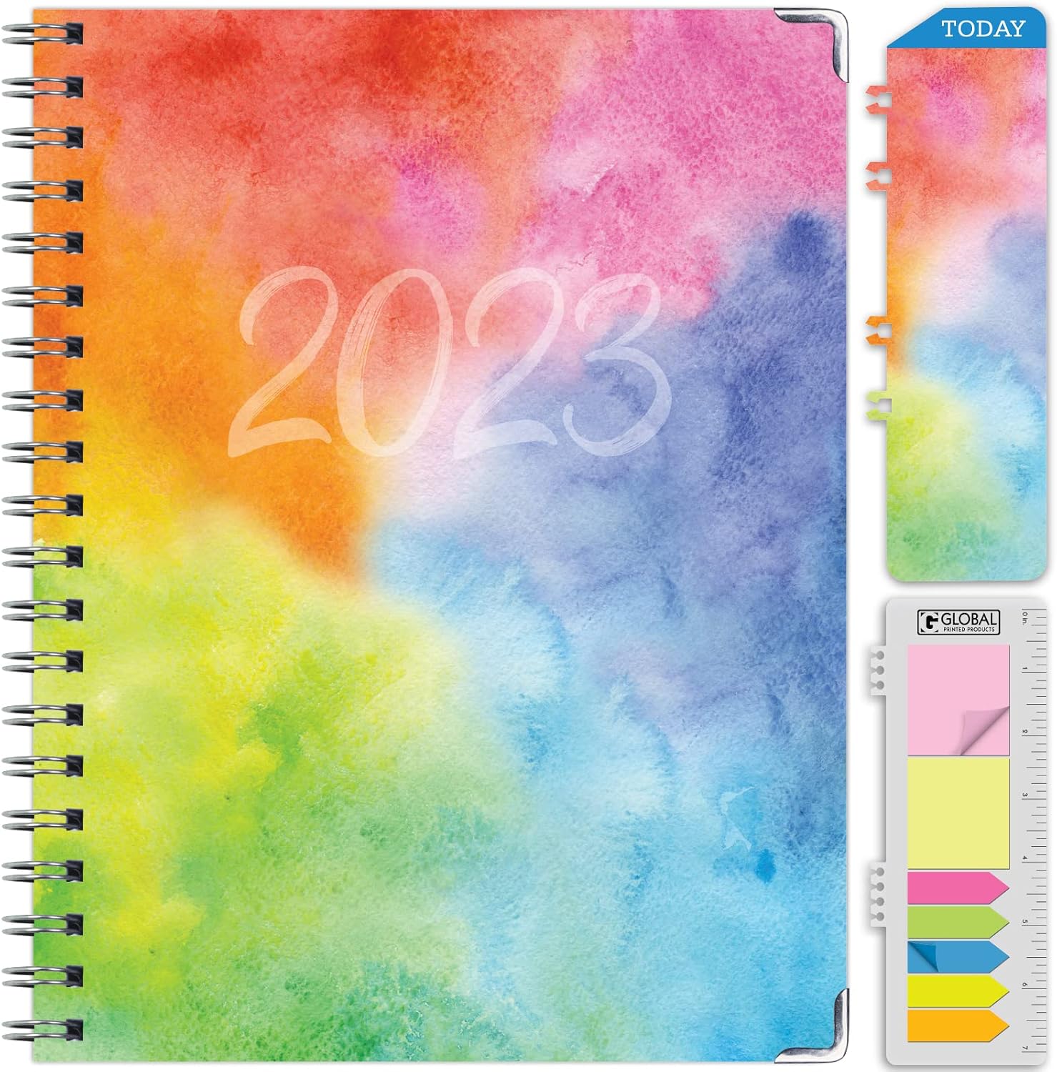 HARDCOVER 2023 Planner: (November 2022 Through December 2023) 8.5"x11" Daily Weekly Monthly Planner Yearly Agenda. Bookmark, Pocket Folder and Sticky Note Set (Rainbow Watercolors)