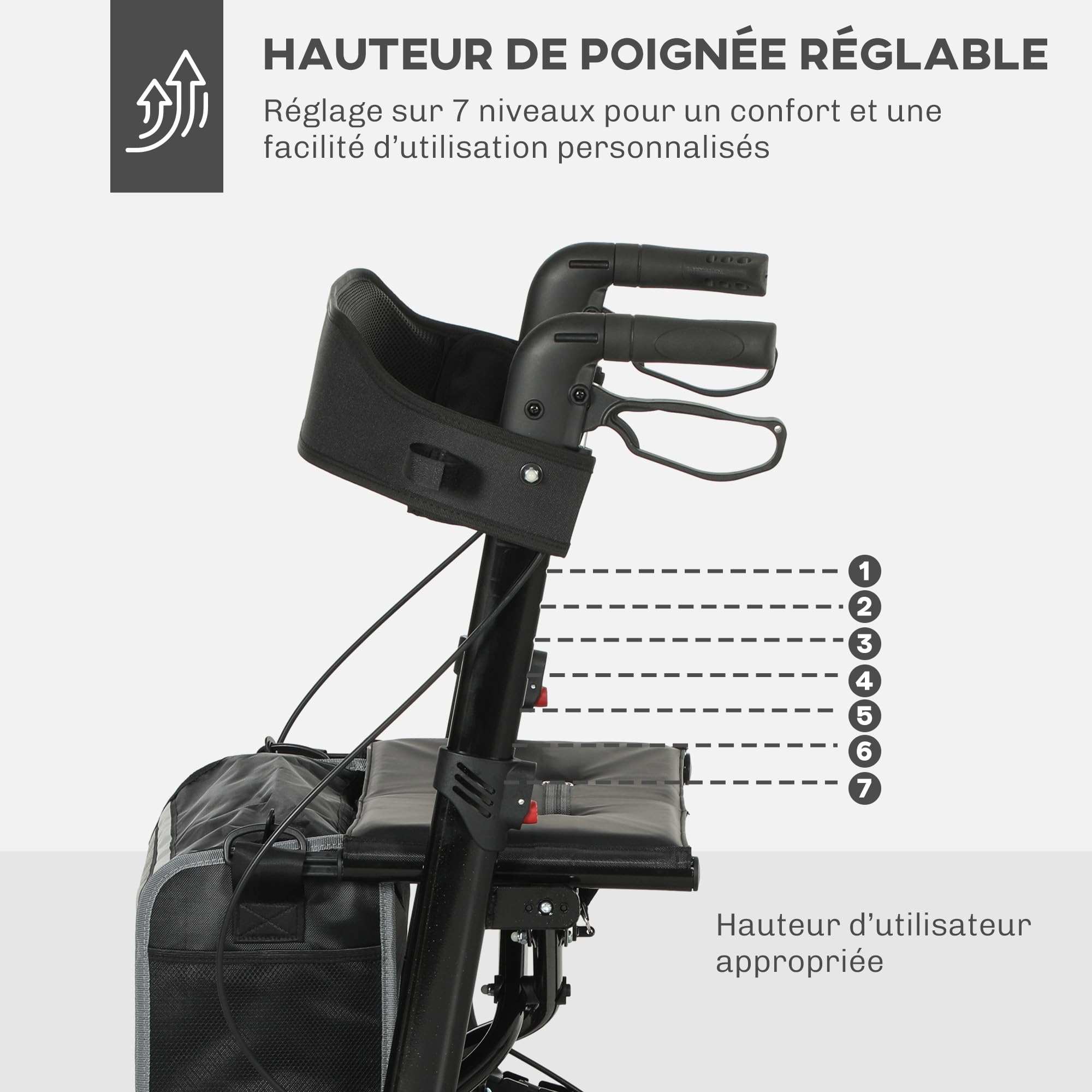 HOMCOM Déambulateur 4 roues pliable, rollator en aluminium léger, siège rembourré, dossier, poignée réglable, sac rangement, double frein, roues tout-terrain, déambulateur pour personnes âgées, noir