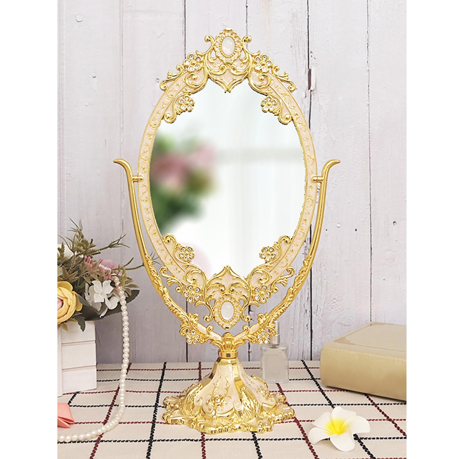 SDCFFC 1Pcs, Tabletop Makeup Mirror, Vintage Standing Vanity Mirror, European Style Carved, Inlaid Jade