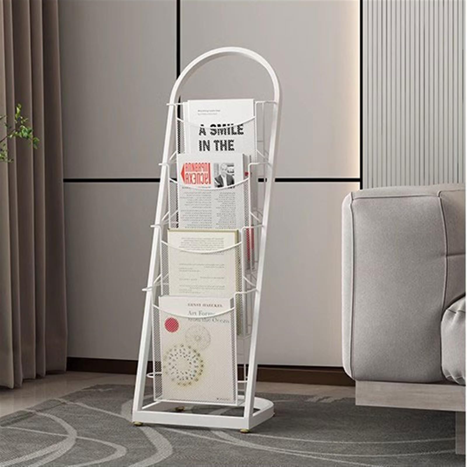 Portariviste da Pavimento in Metallo con espositore per brochure, Organizer per Libri e Porta opuscoli, Grande portariviste Nero per organizzare riviste e Libri (Bianco L)