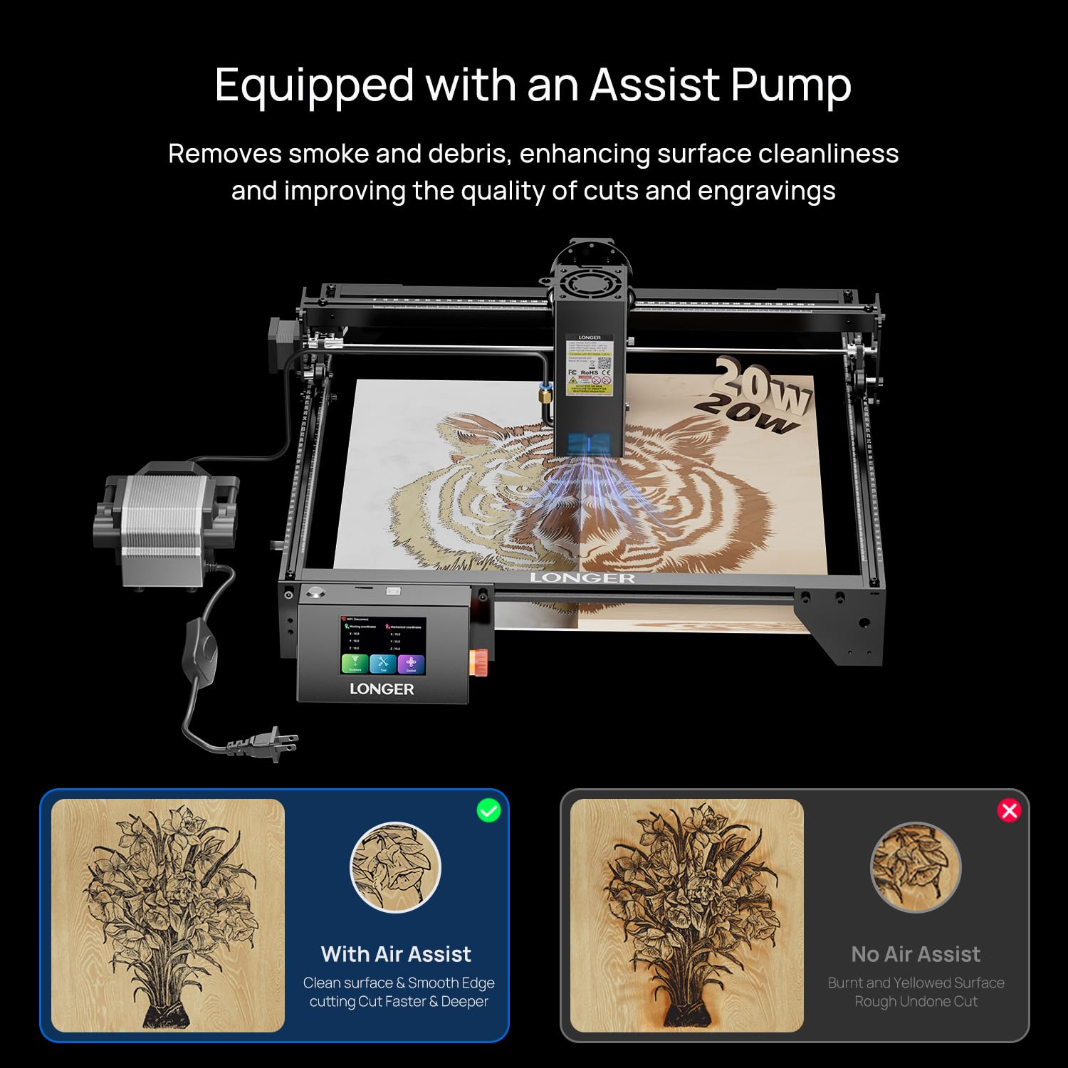 Longer RAY5 20W Laser Engraver with Air Pump and Y-Axis Extension Kit, Expand Working Area to 33.46" x 15.75", 3.5” Color Touch Screen, App Offline Control, DIY Engraver Tool for Metal/Glass/Wood