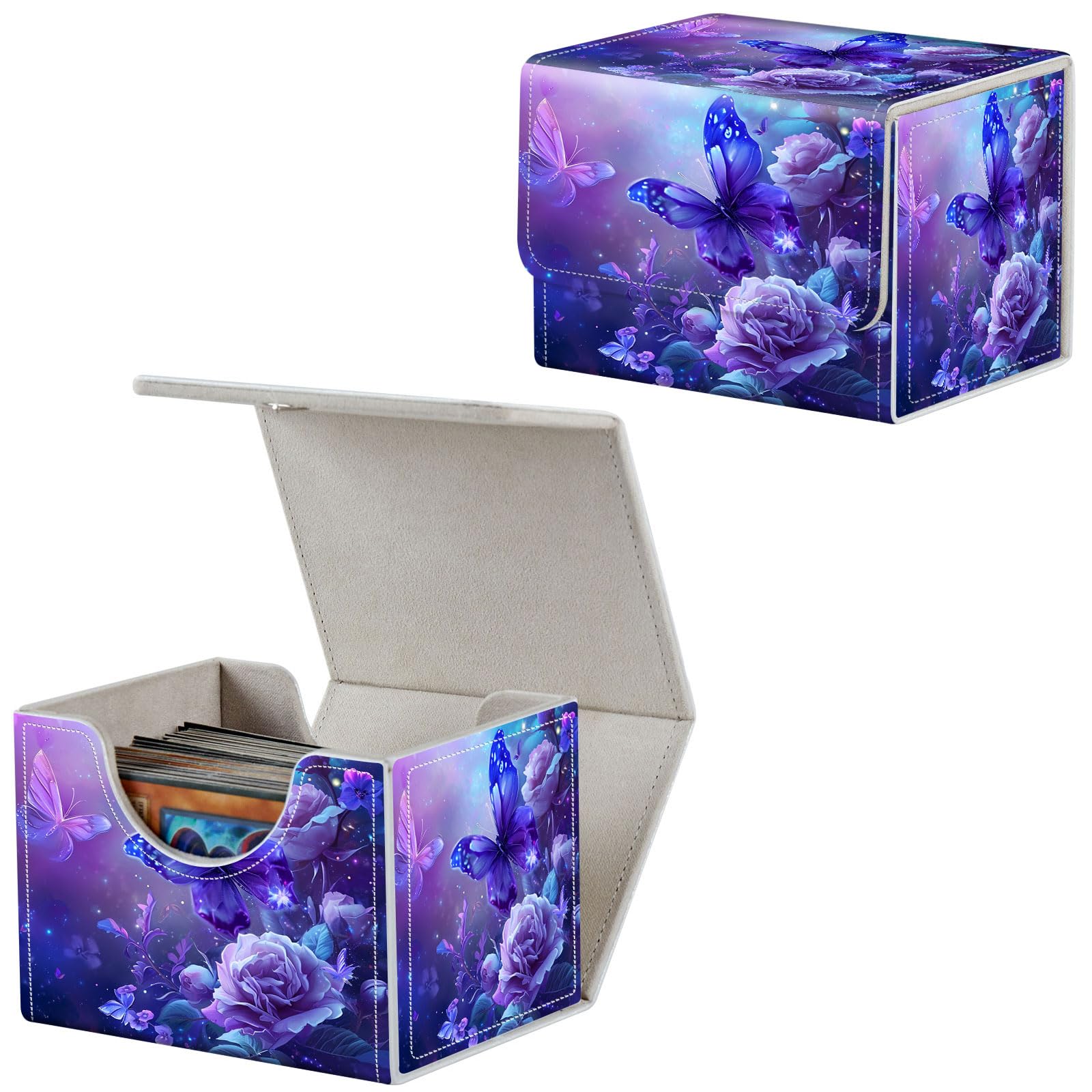 Qindaiwen Card Deck Box for MTG, Fits 100+ Single Sleeved Cards, PU Leather Trading Card Storage Box for TCG, CCG, MTG Cards, Strong Magnet Magic Gathering Deck Box, Butterfly And Roses