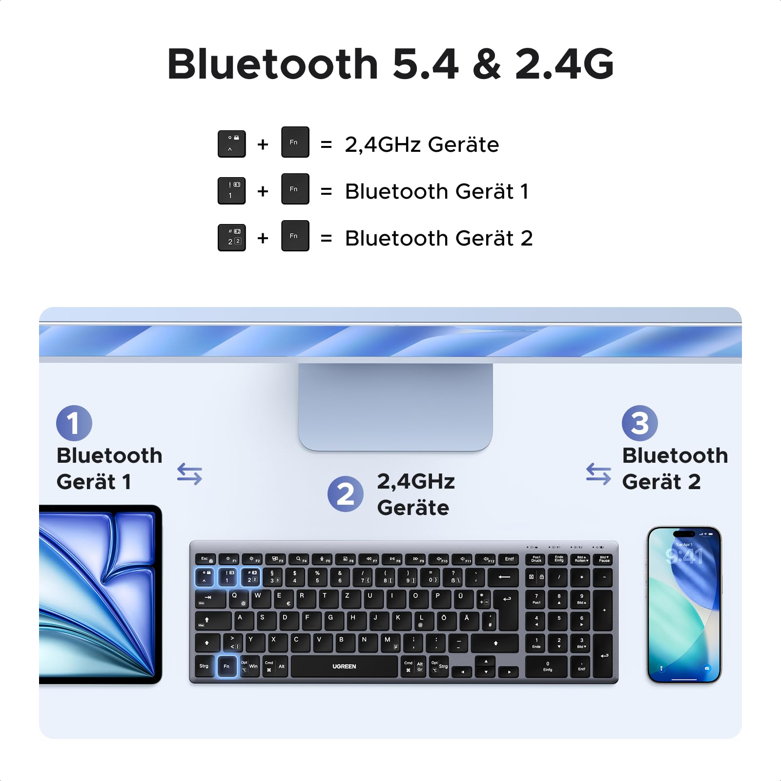 UGREEN Bluetooth Wireless Keyboard (BT5.4+2.4G), Ultra Slim Scissor Keyboard, Rechargeable Keyboard with 3 Channels, Compatible with Windows/macOS/Android QWERTZ Layout - 3