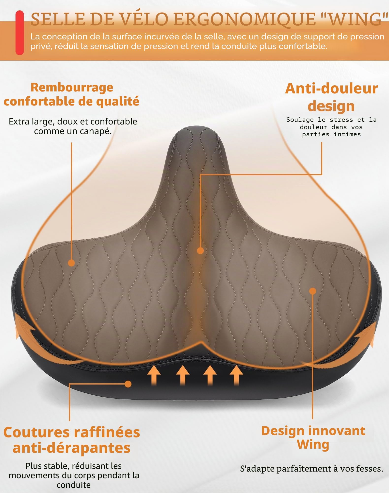 CDYWD Selle de Velo Ultra Confortable Homme et Femme, Extra Large, Épaississant, avec Suspension, Ergonomique Rembourrage Doux, Selle Confort Velo pour VTT, Vélo de Ville, Ebike, Vélo Stationnaire