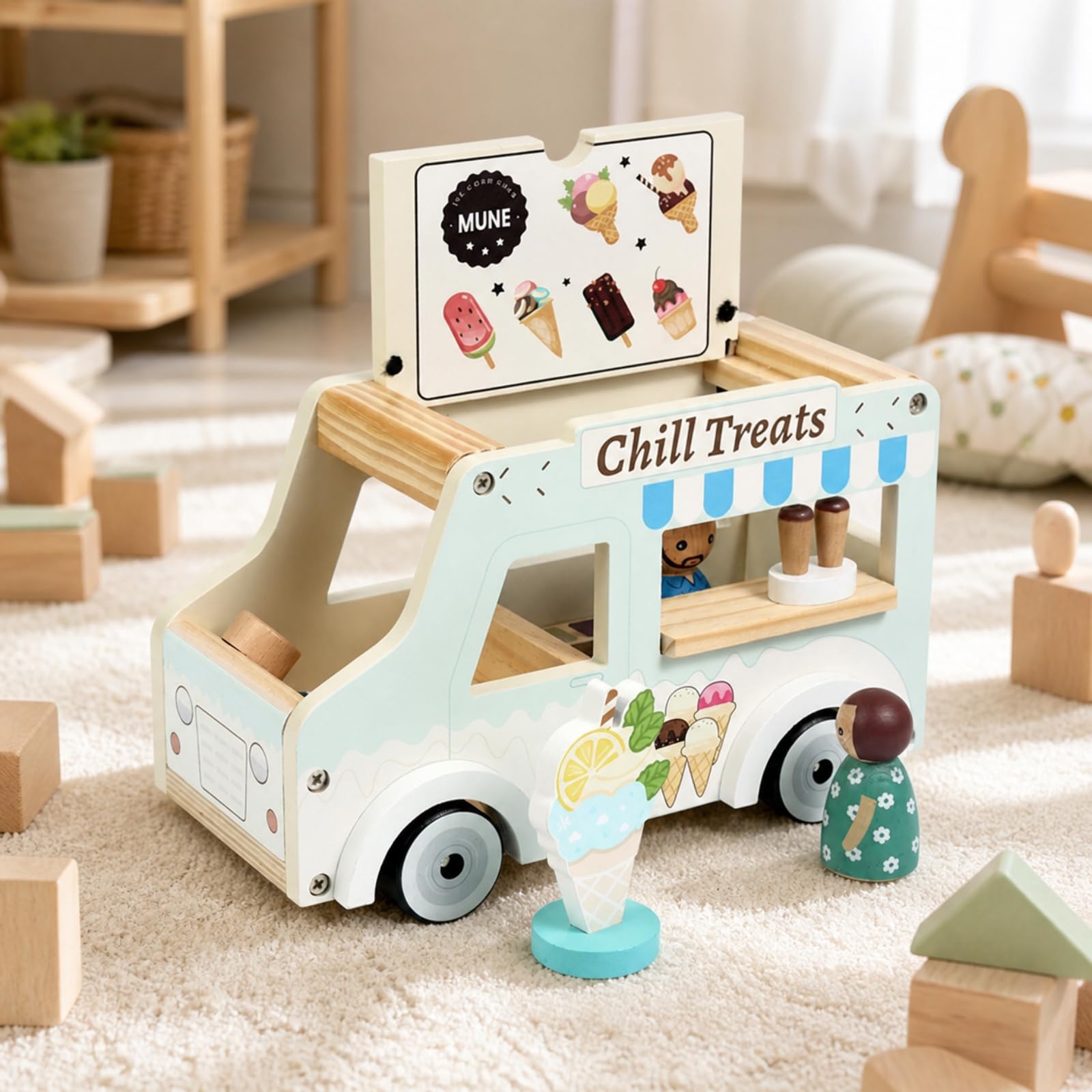 Gralara Carrello Giocattolo in Legno con Gelati E Servizio con E Ruote per Bambini Adatto per Gioco di Ruolo Interattivo E attività Creative in Cameretta.,