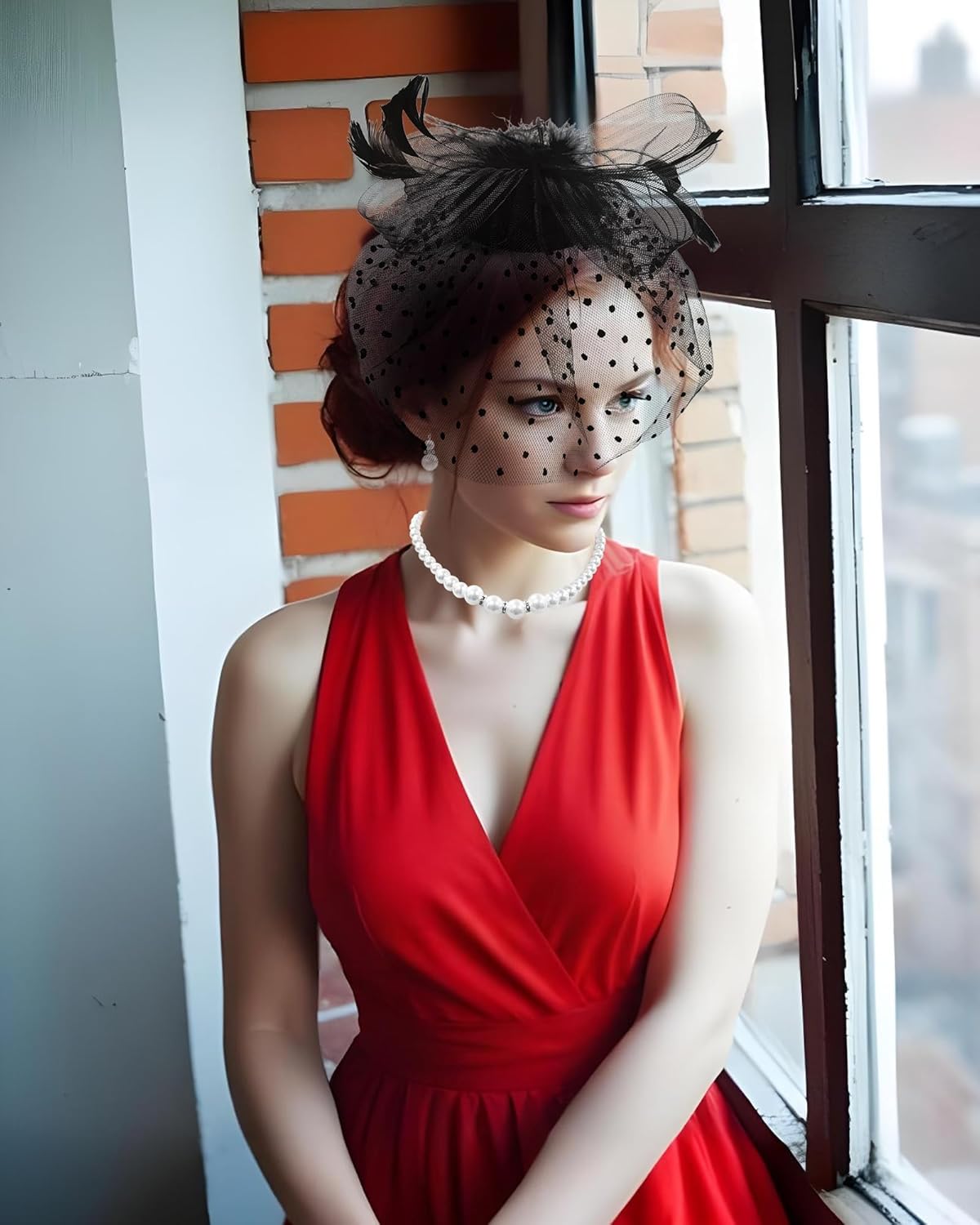 Black Fascinator Hat for Women Tea Party Attire Funeral Veil Pillbox Hats and Lace Gloves 1920s 50s - Image 7