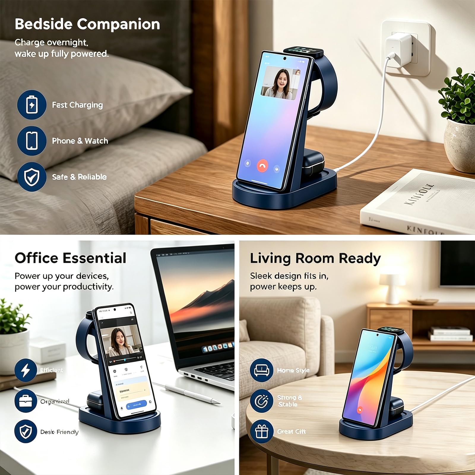 Stazione di ricarica wireless per Samsung/Android, stazione di ricarica wireless veloce compatibile per Samsung Galaxy S26 Ultra/S25/S24+/Z Flip 7/6 Fold 7/6, Watch8/7/Pro/Active 2 Galaxy Buds3/2 Pro