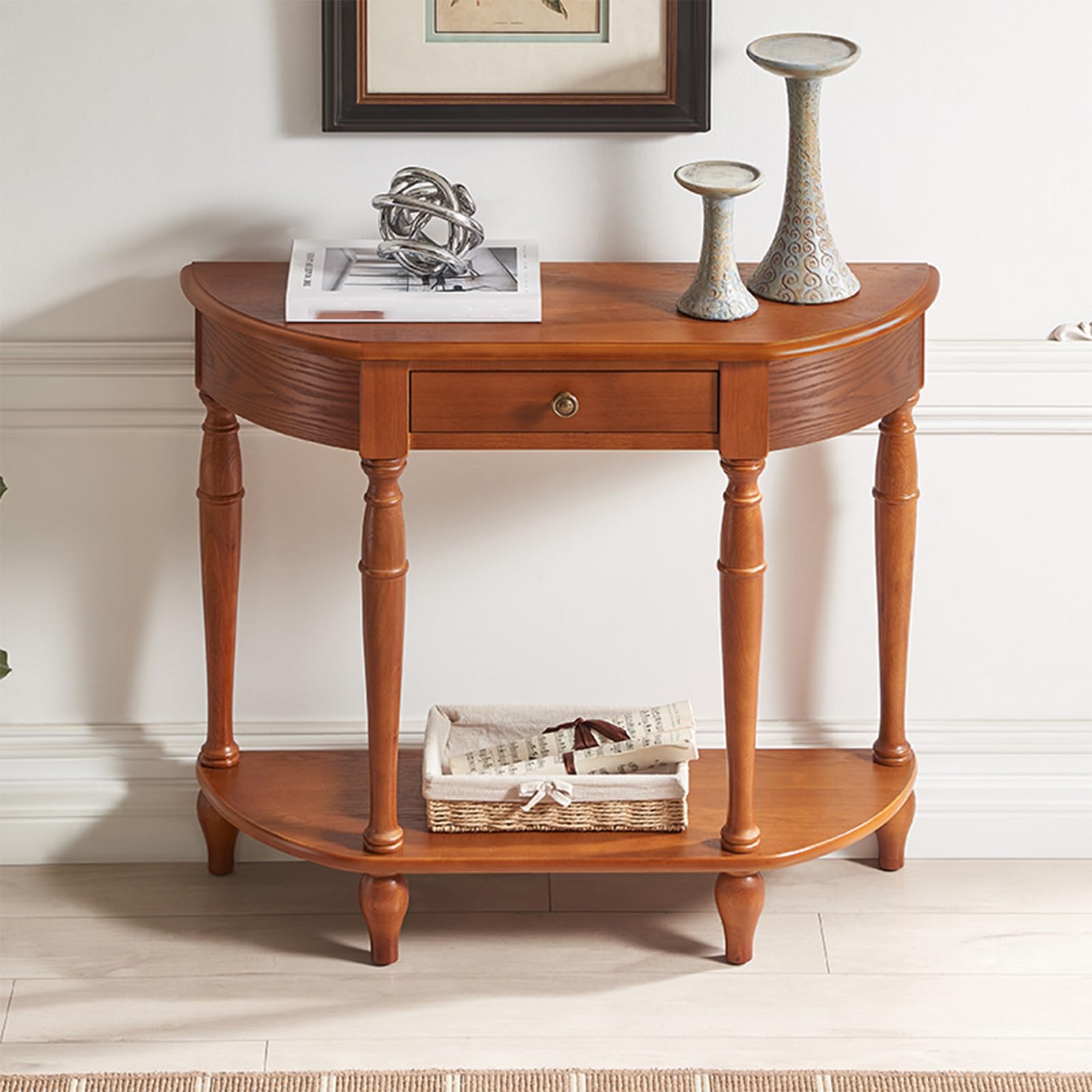 Generico Consolle con Contenitore, scrivania per Ingresso, tavolino Stretto, consolle Stretta in Legno massello con cassetto, mensola semicircolare per Ingresso, Soggiorno, corridoio, Foyer, Elegante
