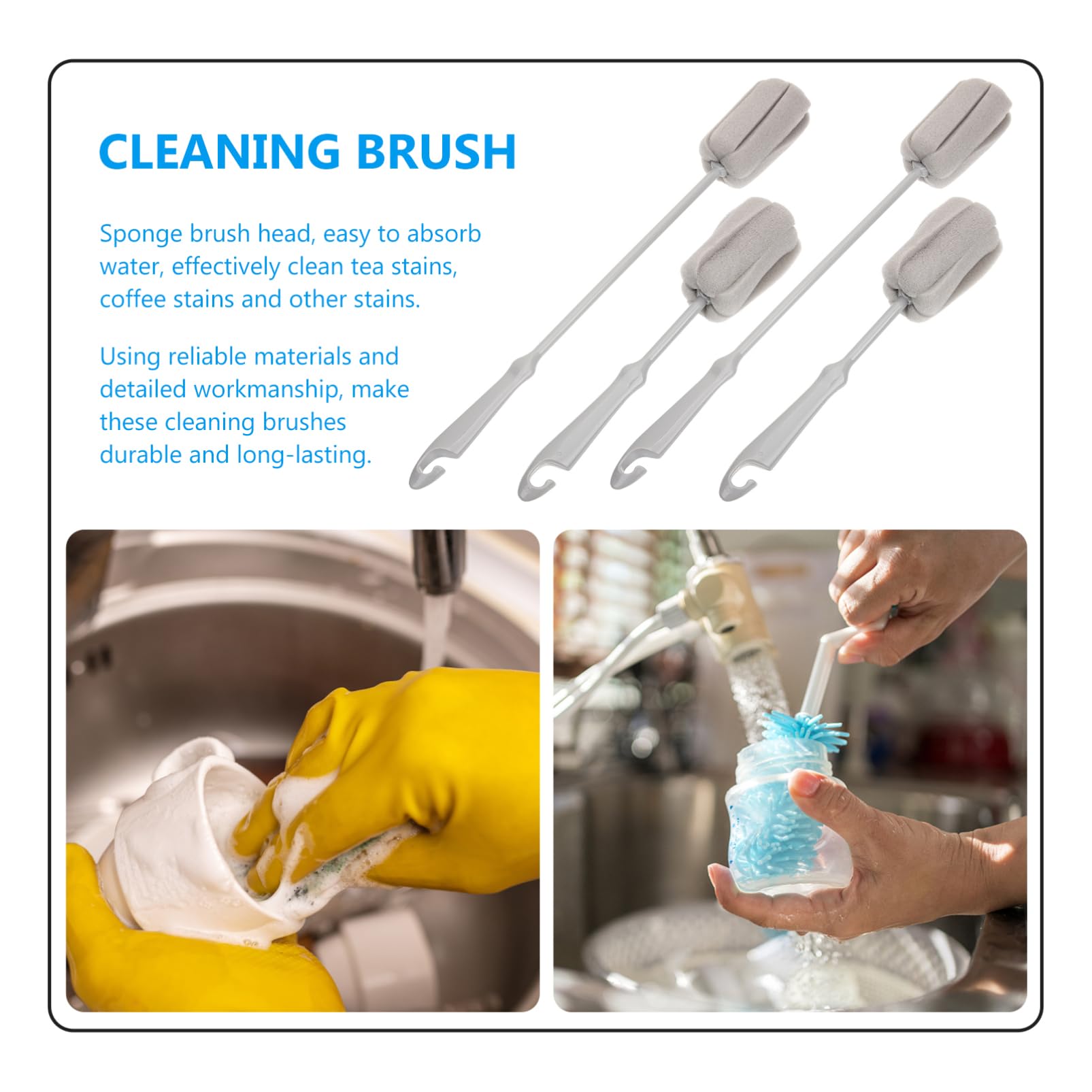 FOMIYES 4pcs Sponge Brush with Plastic Handle Bottle Cleaner Brush Bottle Cleaning Brush Sponge Bottle Scrubber Brush Grey Pp