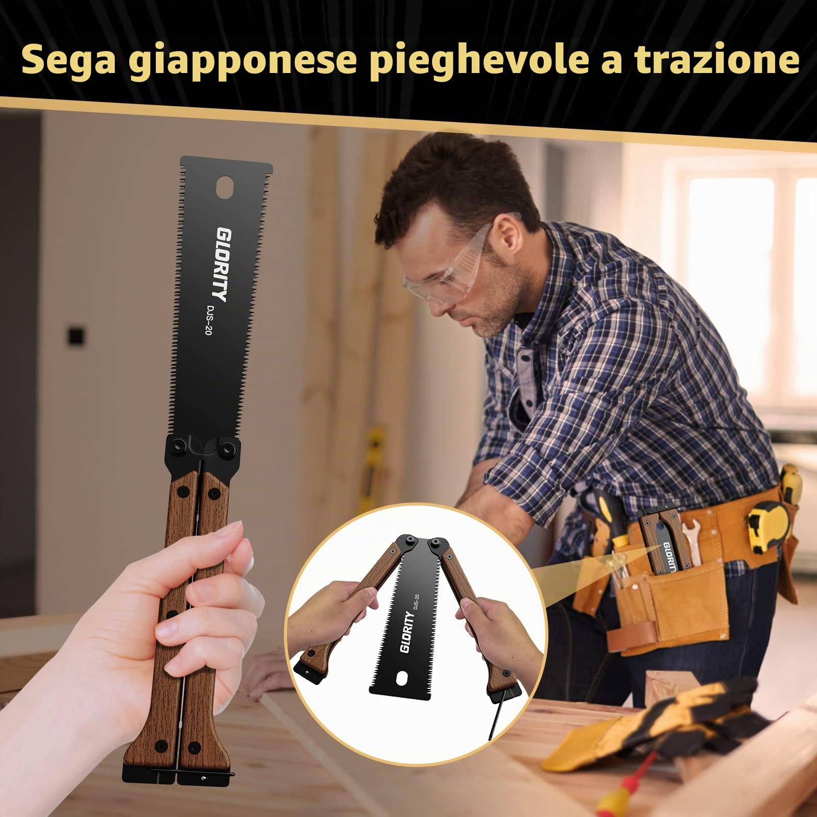 Sega Giapponese GLORITY 140mm con Doppi Bordi di 13/14 TPI, Lama SK5, Tre Lati Disegno Denti di Rettifica, Sega Pieghevole per Lavorazione del Legno e Fai da Te