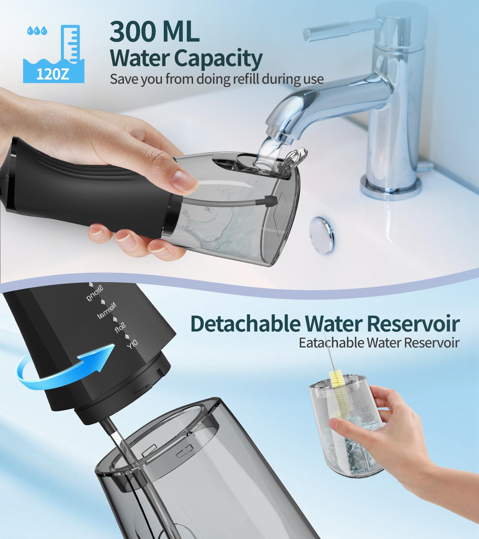 Irrigador dental de agua inalámbrico para dientes, 350 ml, 4 modos, irrigador oral portátil con 4 puntas de chorro, irrigador bucal recargable, IPX7, impermeable para viajes en casa
