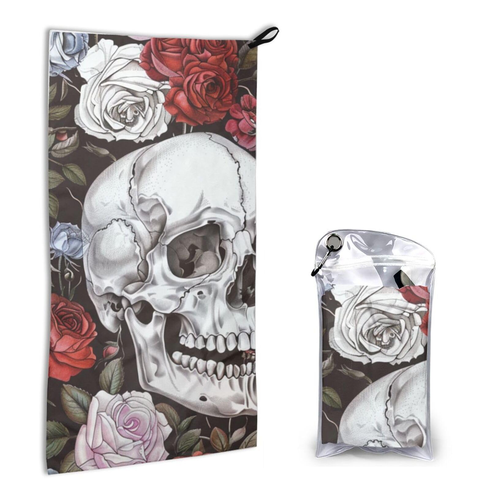BWWHCCTI Quick Dry Hand Towel With Bag - Floral Skull Printed Super Absorbent Face Cloth Microfiber Travel Sports Towels 40x80cm