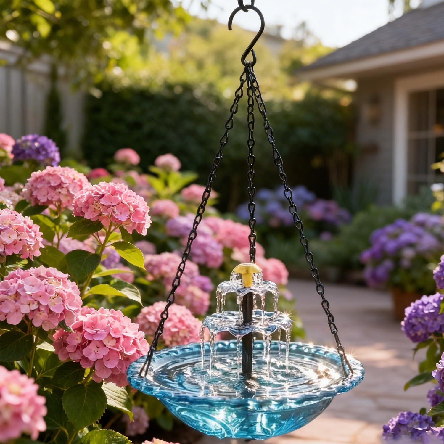 Hanging solar-powered bird bath fountain, three-tiered outdoor waterfall bird bath basin, with solar water pump, weatherproof metal hanging water feature, suitable for gardens, backyards and patios.
