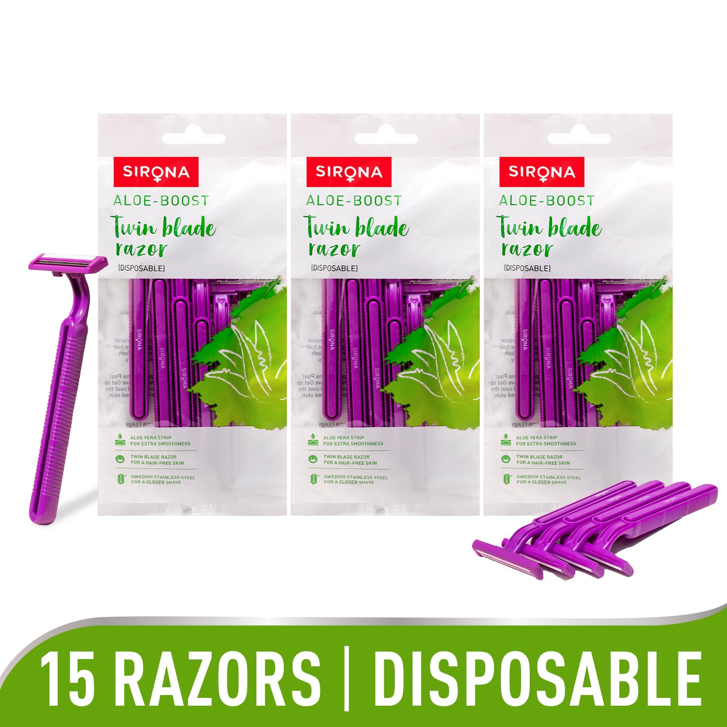 Sirona Disposable Hair Removal Razor For Women, With Aloe Boost For Arms, Legs And Bikini Line, 2 Blade Shaving Razor - Pack Of 3 - Image 2 thumbnail