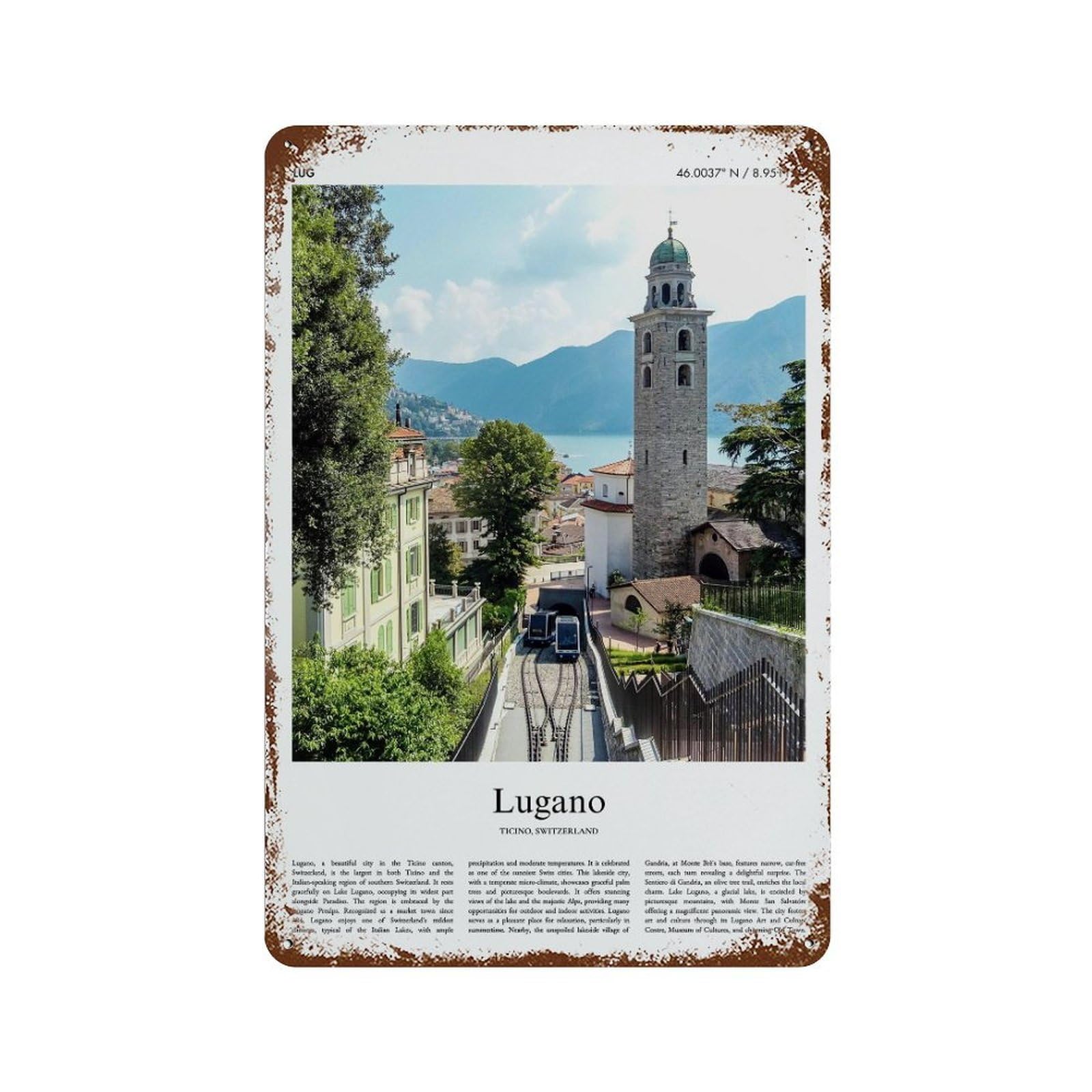 xiaoxiaoshen Lugano Ticino, Switzerland City Scenery Wall Decor Art Metal Tin Poster Modern Home Decor Art Home Bar Shop Decorations Vintage Sign 30x20cm