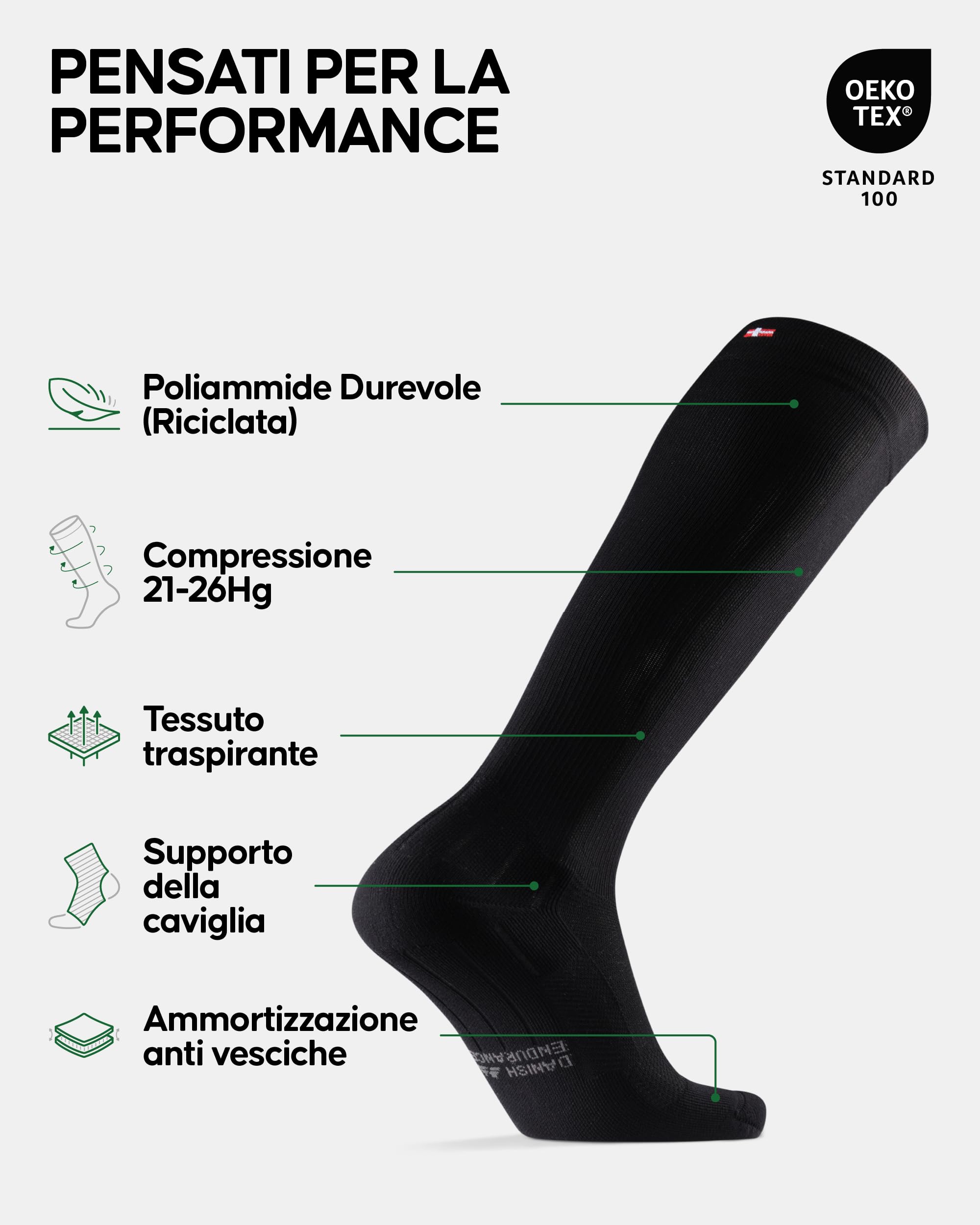 DANISH ENDURANCE Calze Compressione Graduata Uomo Donna 21-26 mmhg, Recupero, Viaggi, Sport, 2 Paia