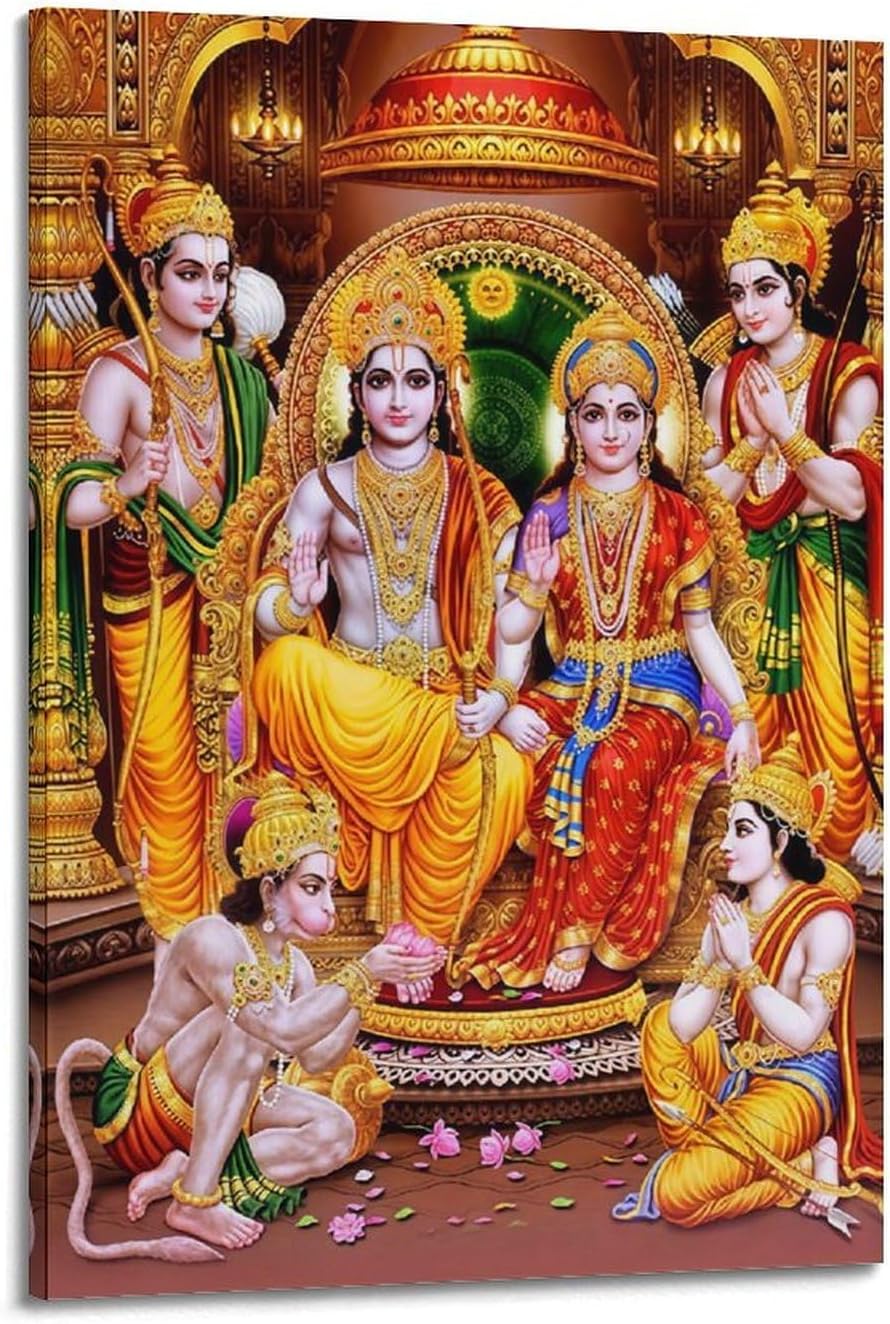 Hindu God Blessing Ram Darbar Poster Cool Artworks Painting Wall Art Canvas Prints Hanging Picture Home Decors Gift Idea 24x36inch(60x90cm)