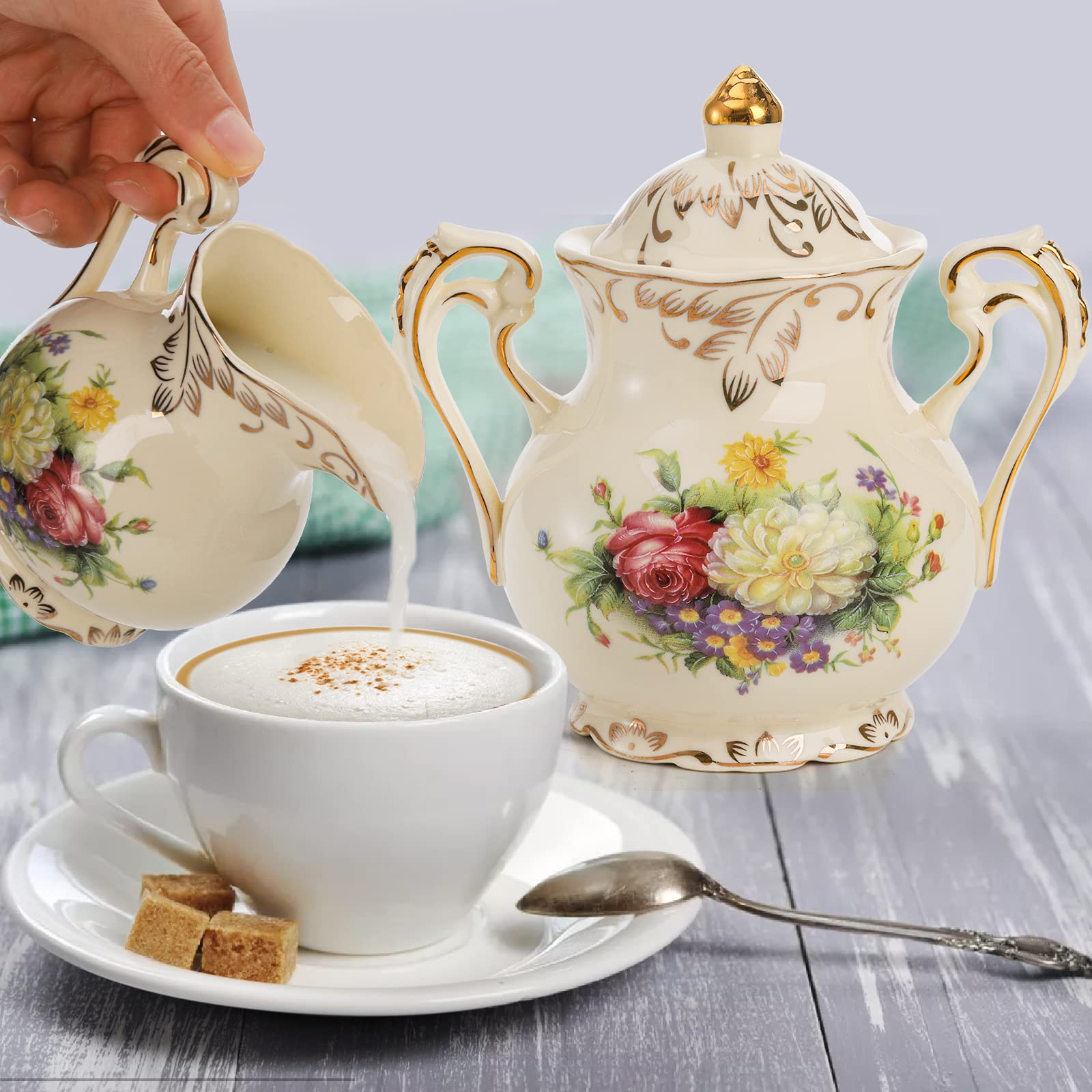 Foraineam Juego de azúcar y crema, porcelana marfil para servir café, diseño de arbustos florecientes con hojas doradas y borde de crema jarra y azucarero con tapa