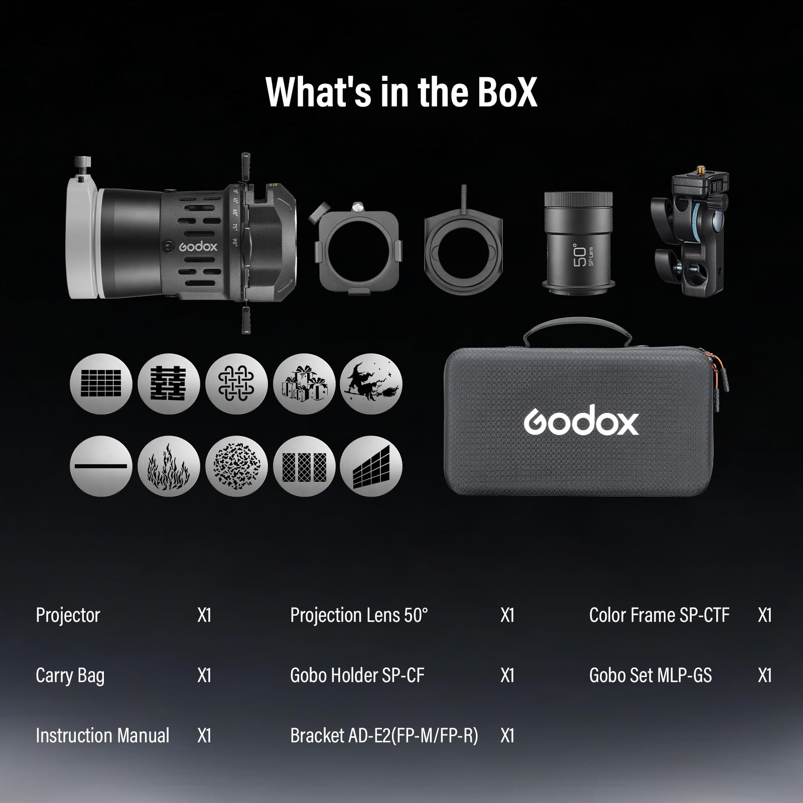 Godox FP-R-50 Blitzprojektor-Snoot mit Halterung für die Fotografie Ausgestattet mit GOBO-Halterung, GoboSet und Farbrahmen; Unterstützt DREI Projektionslinsen für Eine Reihe Von Studioblitzmodellen