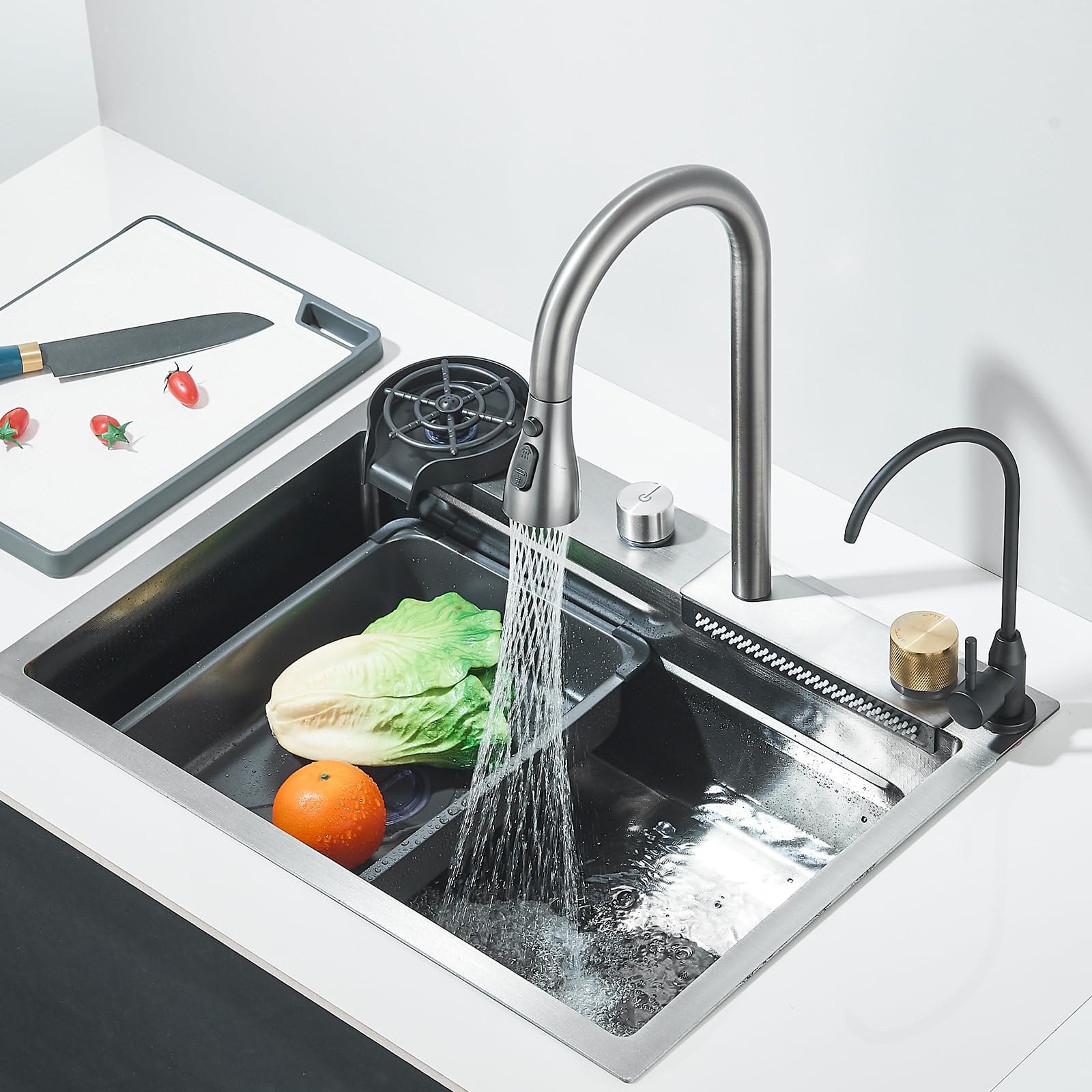 Lavello da cucina multifunzione con alta pressione, rubinetto estraibile e acqua pura risciacquo, 60 x 45 x 21 cm, automatico lavello 1 vassoio con scolapiatti