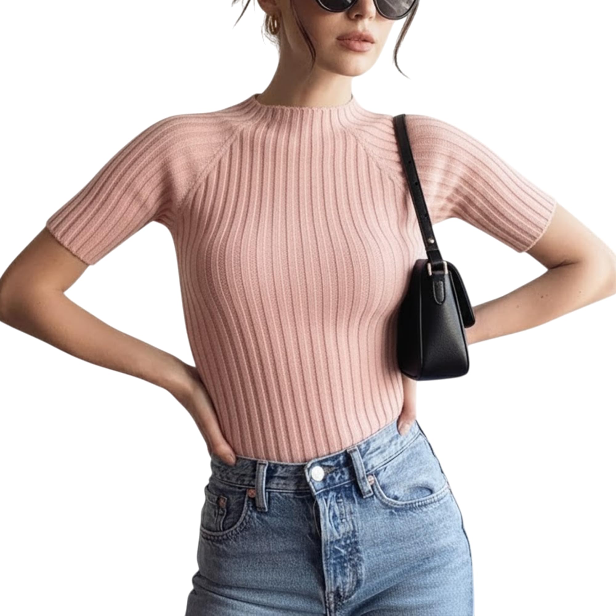 Hug Me Tight Ribbed Pattern Knit Sweater for Women Soft and Cozy Short Sleeve Pullover Stylish Fall and
