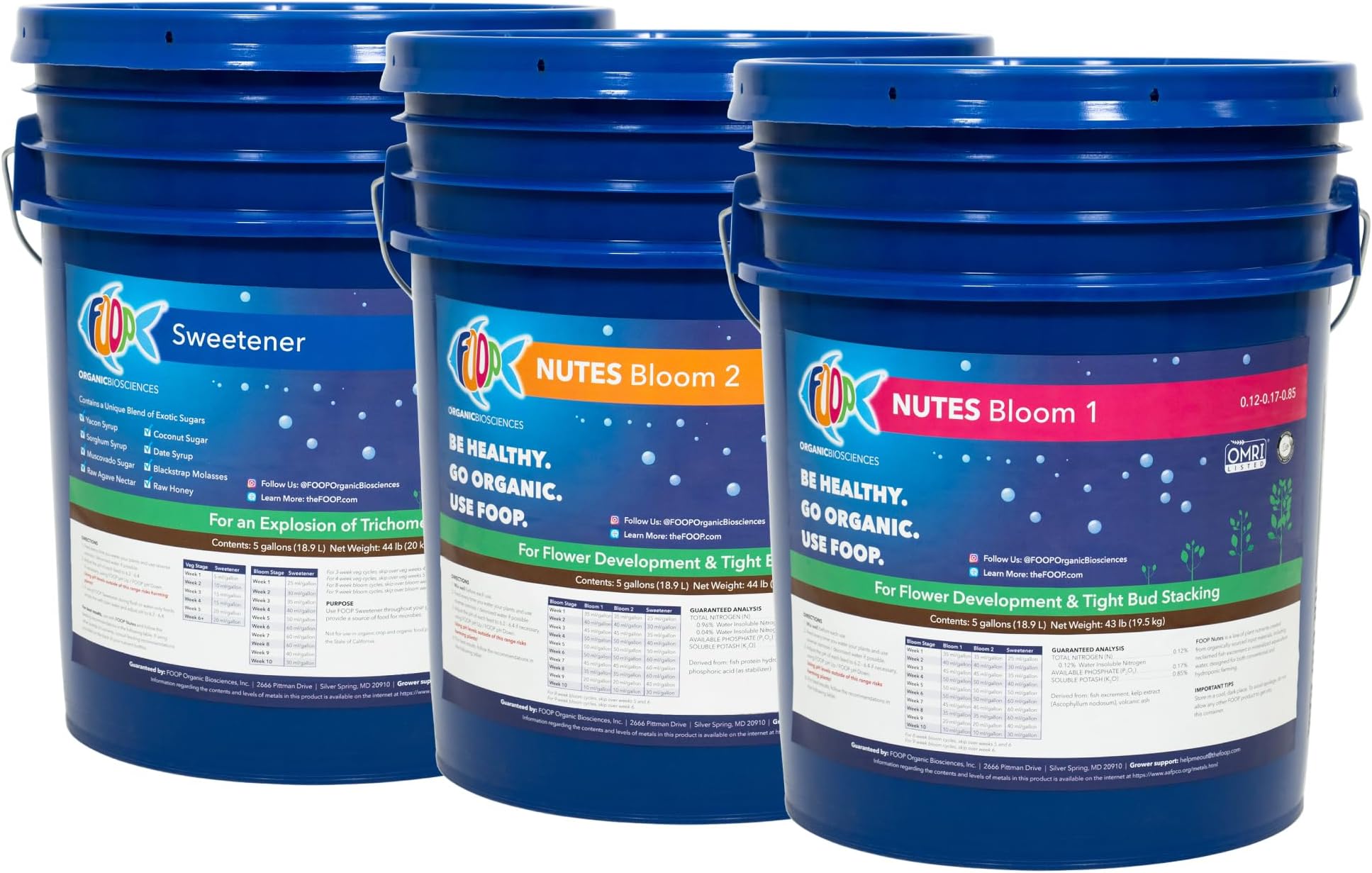 FOOP Nutes Bloom Five Gallon Pack: Get Tight Buds, Awesome Terpenes and an Explosion of Trichomes | Infused with Cal/Mag, and Silica | Certified Organic | Three 5G Pails
