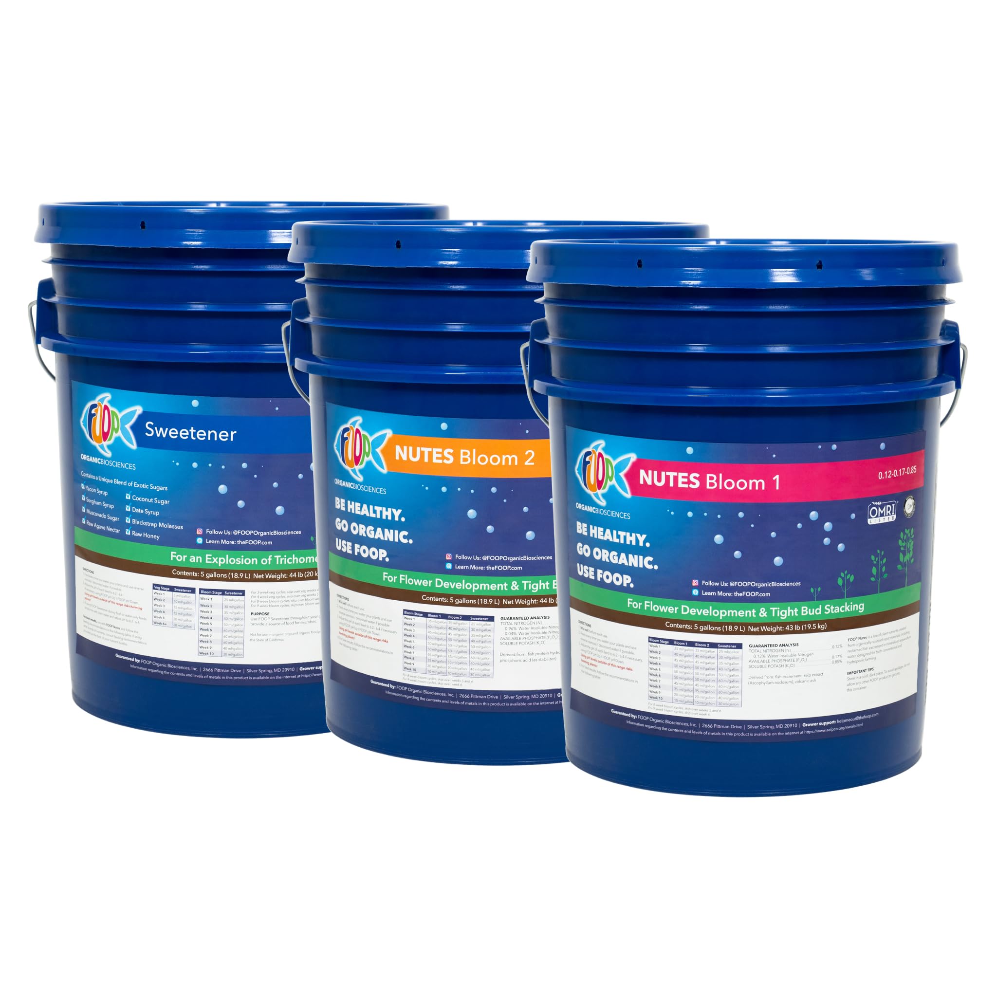FOOPNutes Bloom Five Gallon Pack: Get Tight Buds, Awesome Terpenes and an Explosion of Trichomes | Infused with Cal/Mag, and Silica | Certified Organic | Three 5G Pails