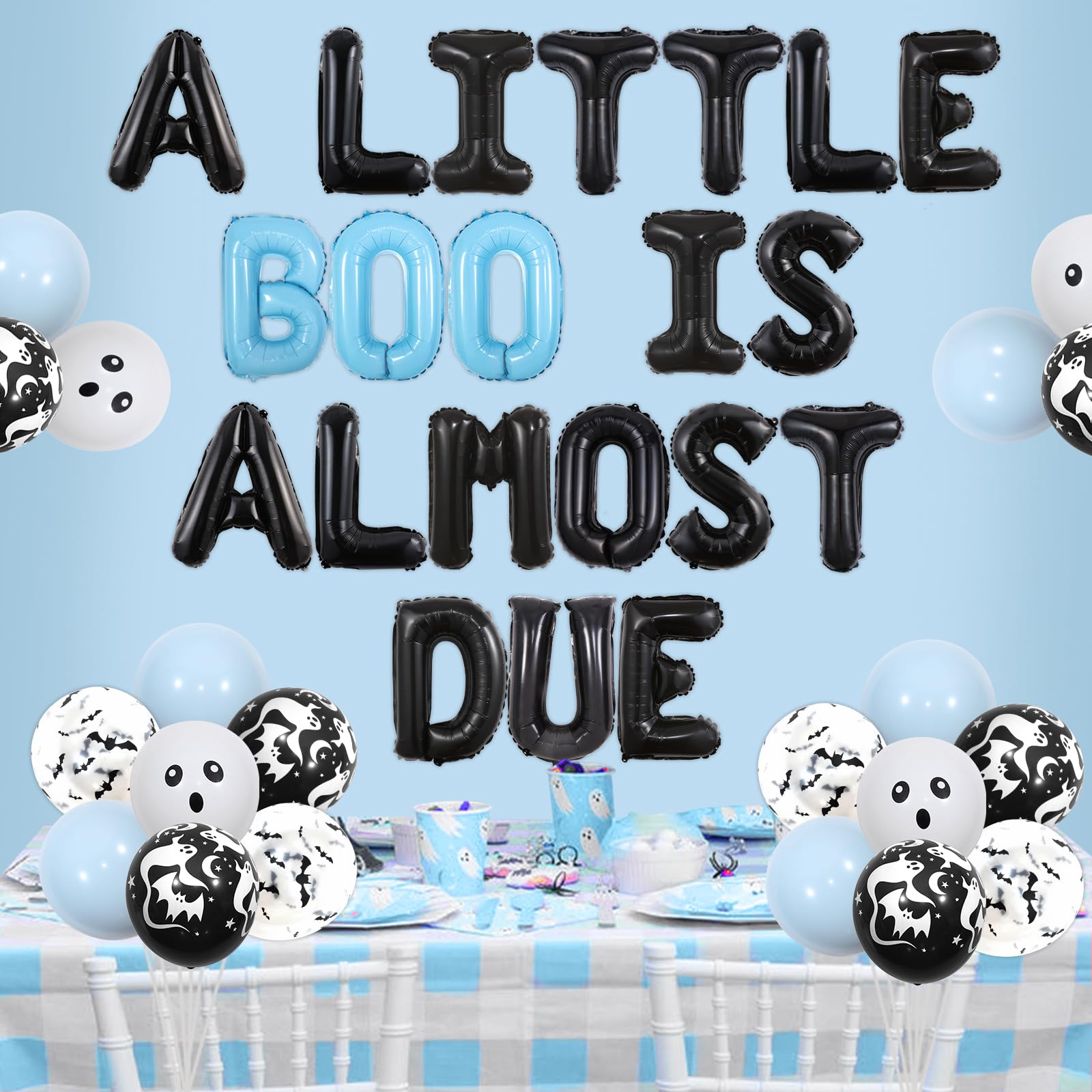 Little Boo Baby Shower Backdrop - 'A Little Boo Is Almost Due' Blue Ghost Theme Banner 70.8x43.3 Inch Halloween Baby Shower Backdrop
