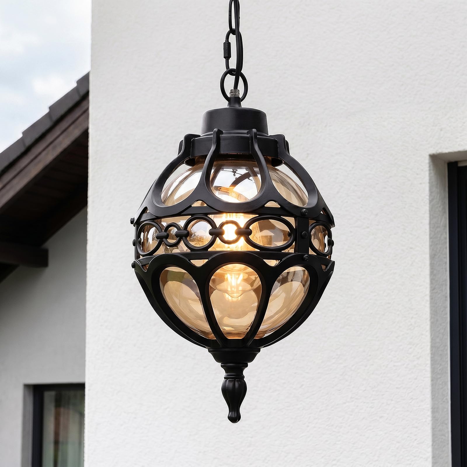 Lámparas Colgantes Para Exteriores Negro Retro E27 Industrial lampara techo colgante Vintage prueba de lluvia Impermeable Pabellón Villa Pasillo Araña Luz Exterior Aluminio Vidrio Pantalla Lamparas-D2