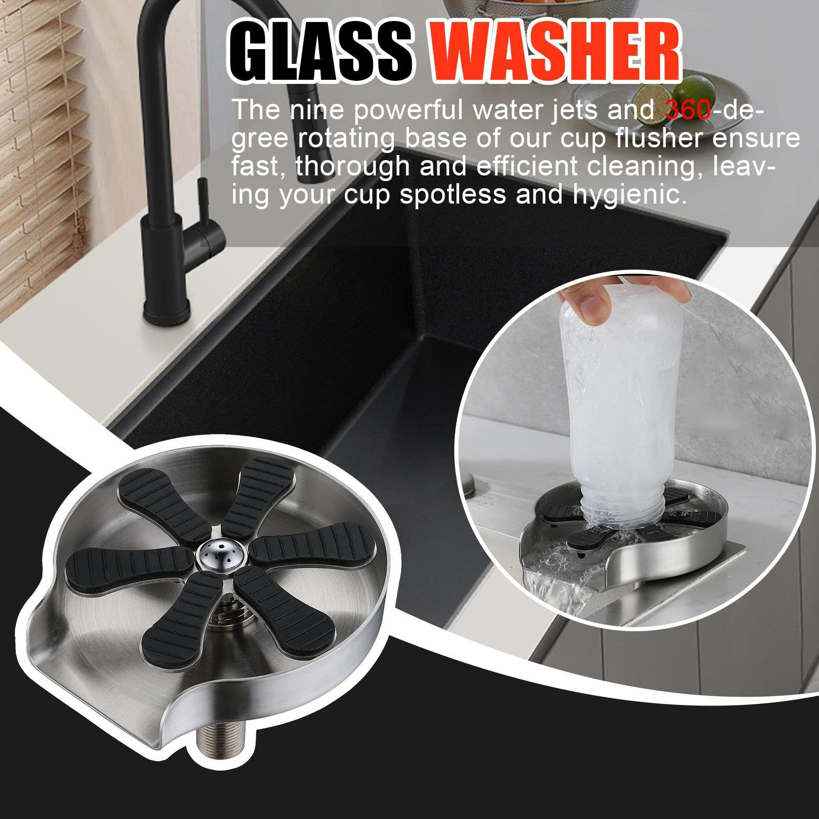 Lave-Vaisselle Automatique pour évier - Laveur de Bouteilles - avec buse à 9 Trous - Rotation à 360 ° - Outil de Nettoyage de Tasse