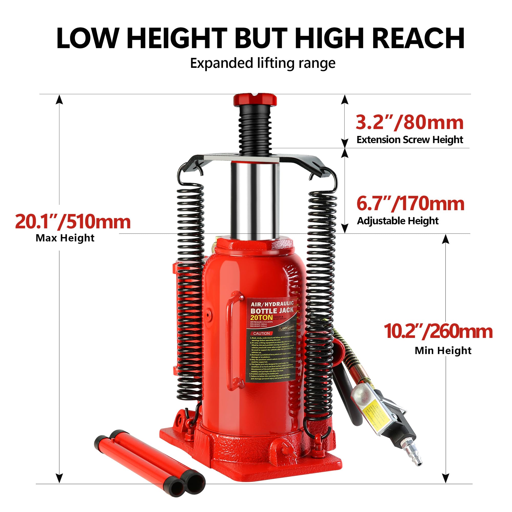 20 Ton Air Hydraulic Bottle Jack, with Manual Hand Pump Used for The Maintenance of Automobiles, Agricultural Vehicles, Heavy Trucks, Mobile Machinery, and Heavy Equipment (Red-20 Ton)