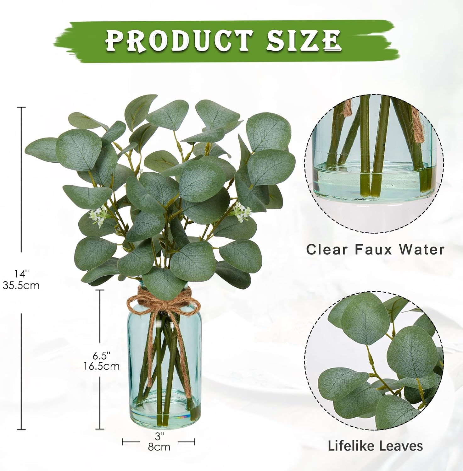 Artificial Eucalyptus Stems Fake Plants in Glass Vase with Faux Water image 2