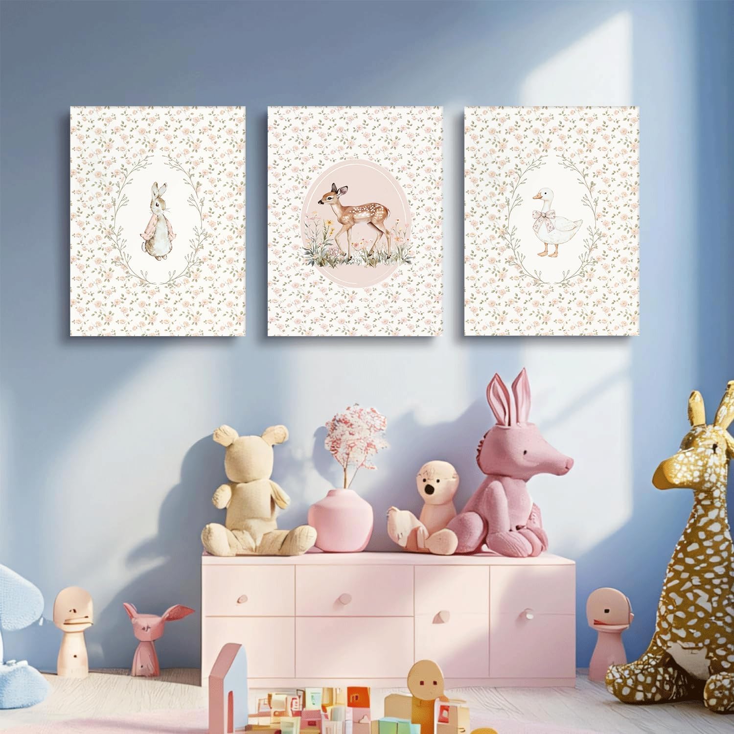3Pcs Framed Vintage Nursery Wall Art Children's Cute Goose Rabbit Deer Wall Decor Pictures Rustic Floral Botanical Animal Posters Prints for Baby Girls Bedoom Home Decoration 12X16in