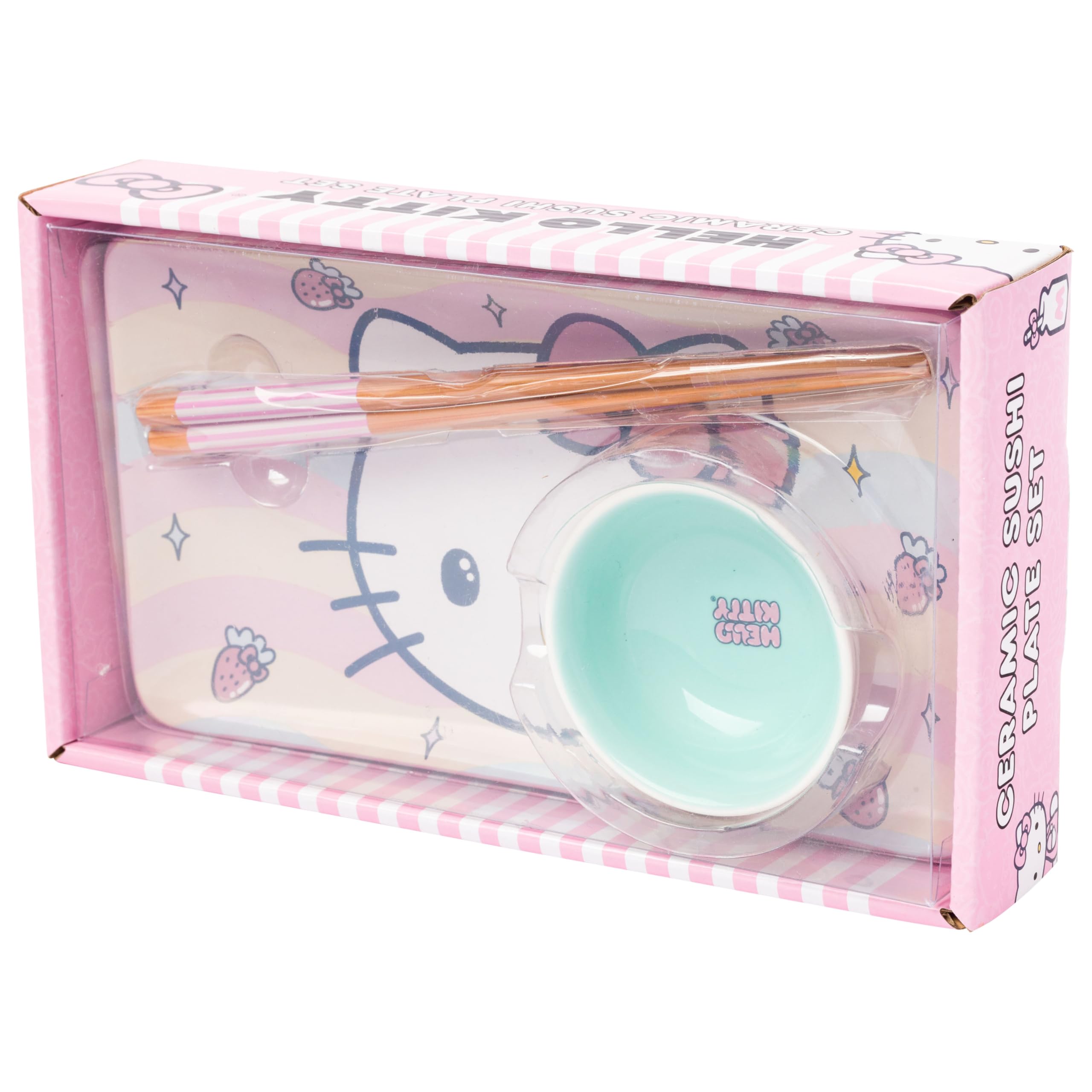 Silver Buffalo Sanrio Kawaii Ceramic Sushi Set with Dipping Sauce Dish and Matching Chopsticks: Hello Kitty Strawberries and Bows