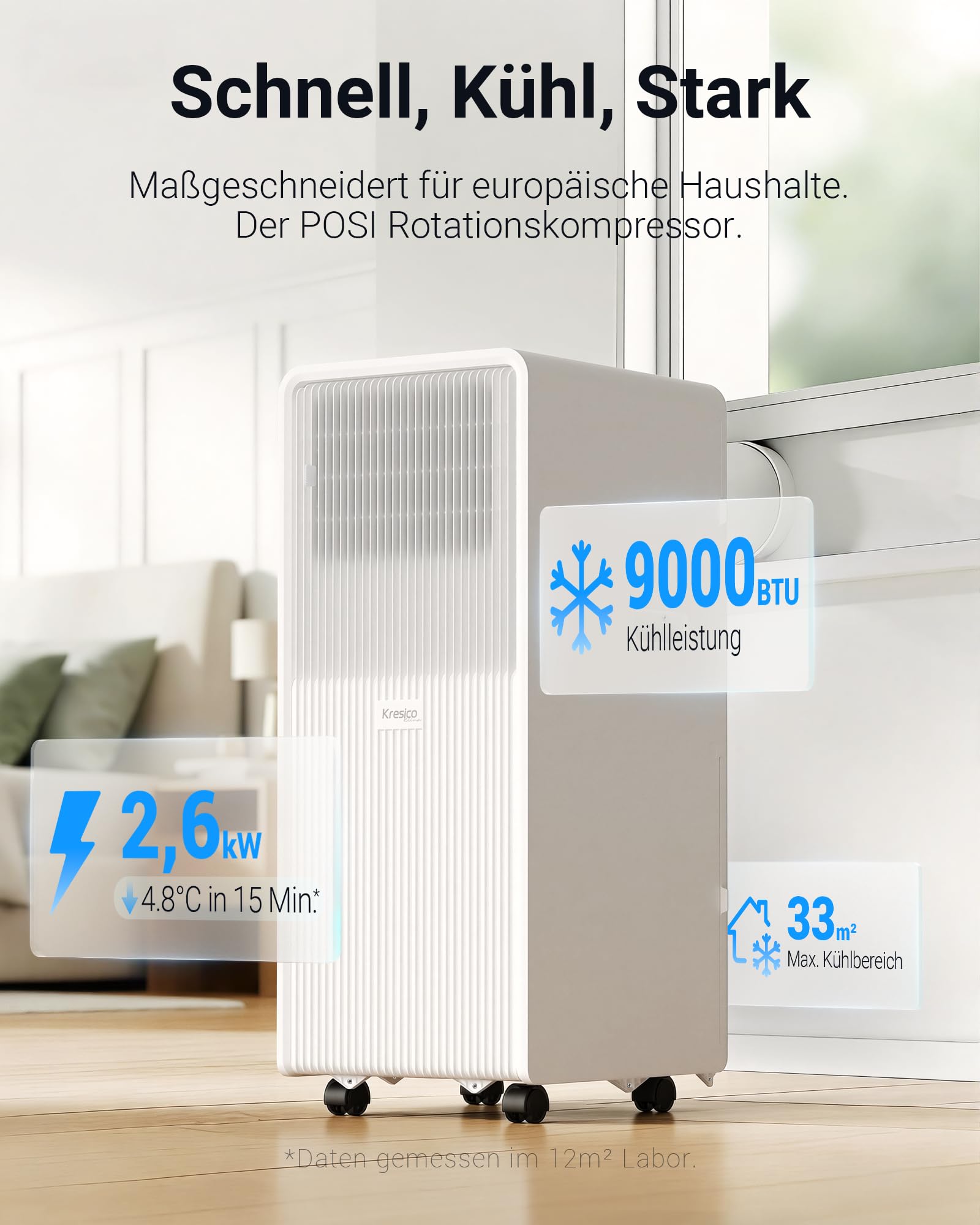 Mobile Klimaanlage 9000 BTU, Klimaanlage mobil mit Abluftschlauch, Mobiles Klimagerät mit Abluftschlauch für Räume bis zu 33m²/90m³, Klimagerät mit Timer, R290, weiß