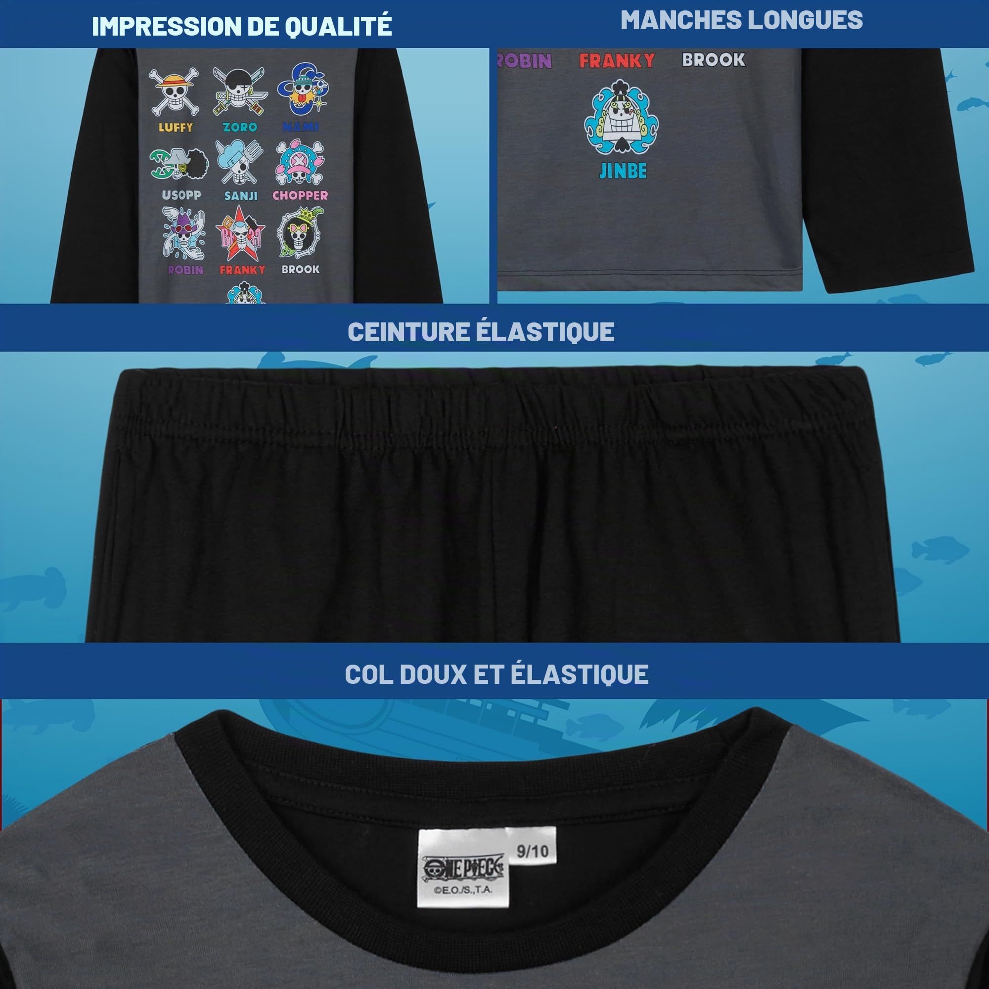 One Piece Pyjama Garçon Long, Ensemble Enfant et Ado 2 Pièces, Anime Vêtement de Nuit, Idée Cadeau Manga pour Fans de Luffy