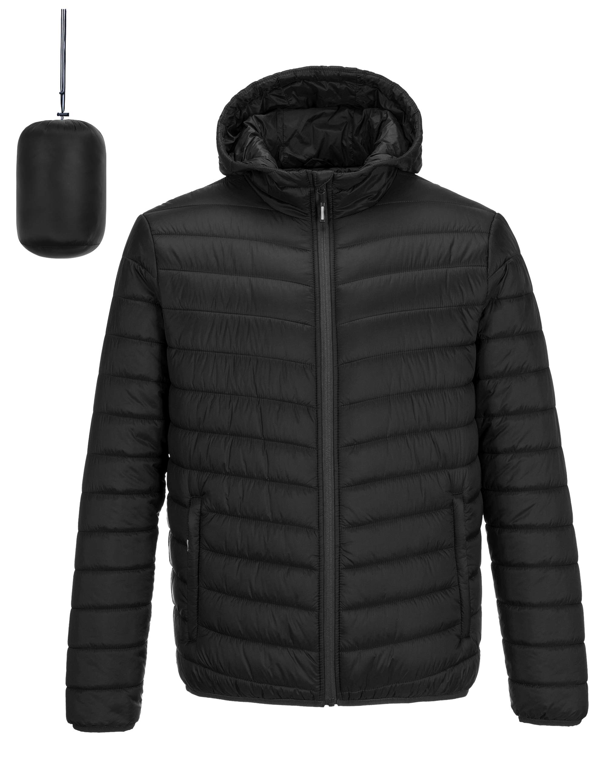 Outdoor Ventures Piumino da uomo leggero ripiegabile con cappuccio Cappotto invernale isolato per sci da neve e viaggi, Nuovo nero (piega nella borsa), XX-Large