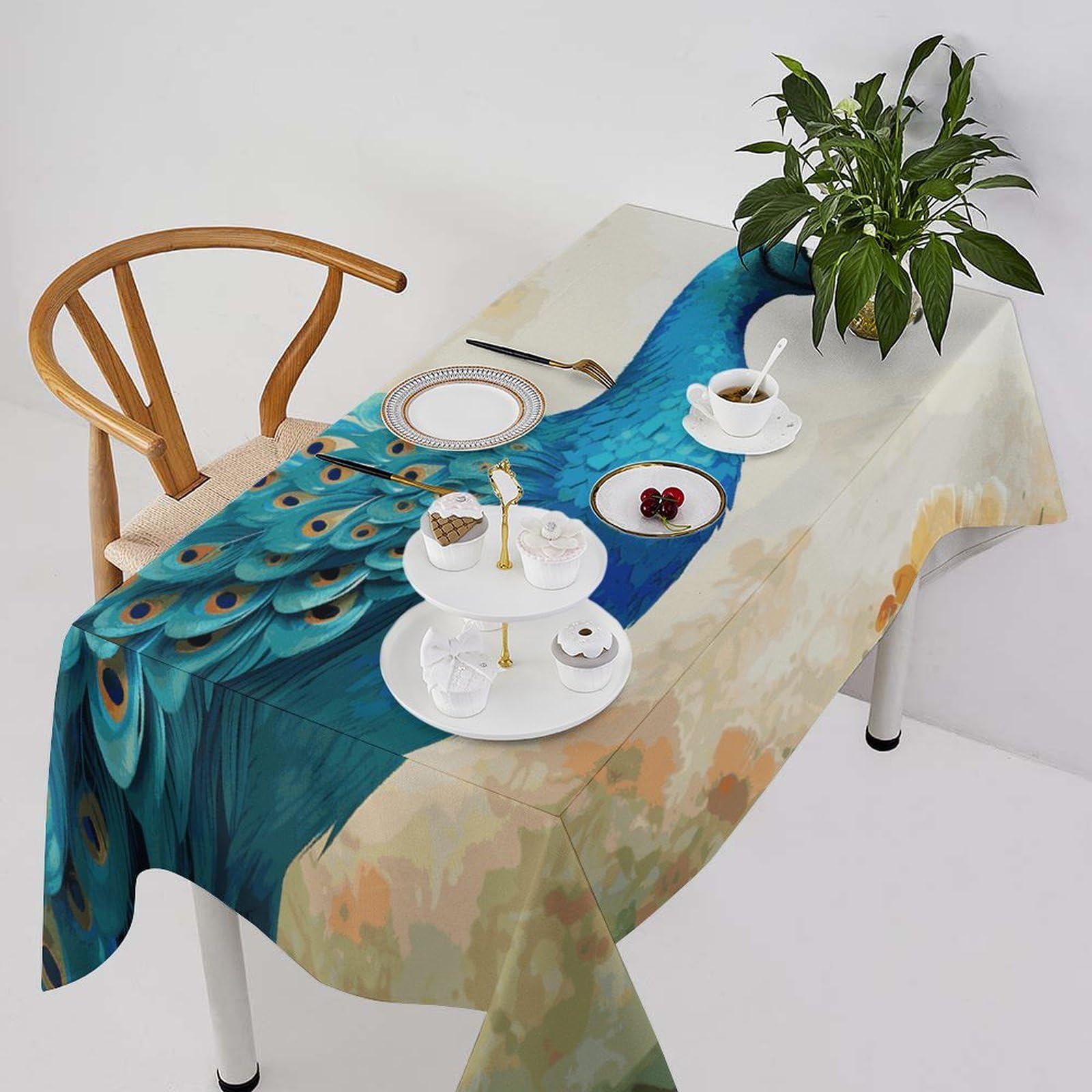 Nappe rectangulaire paon bleu dessin animé de 140x140 cm imperméable