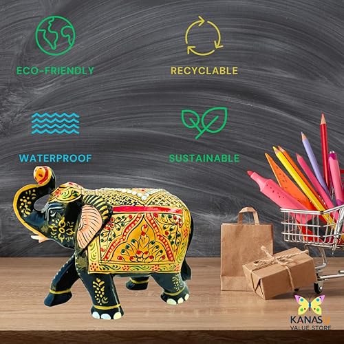 Miniatura 7 de Figura de elefante de madera hecha a mano – Obra de arte tradicional, adornos dorados y piedras preciosas – Estatua decorativa de elefante de la