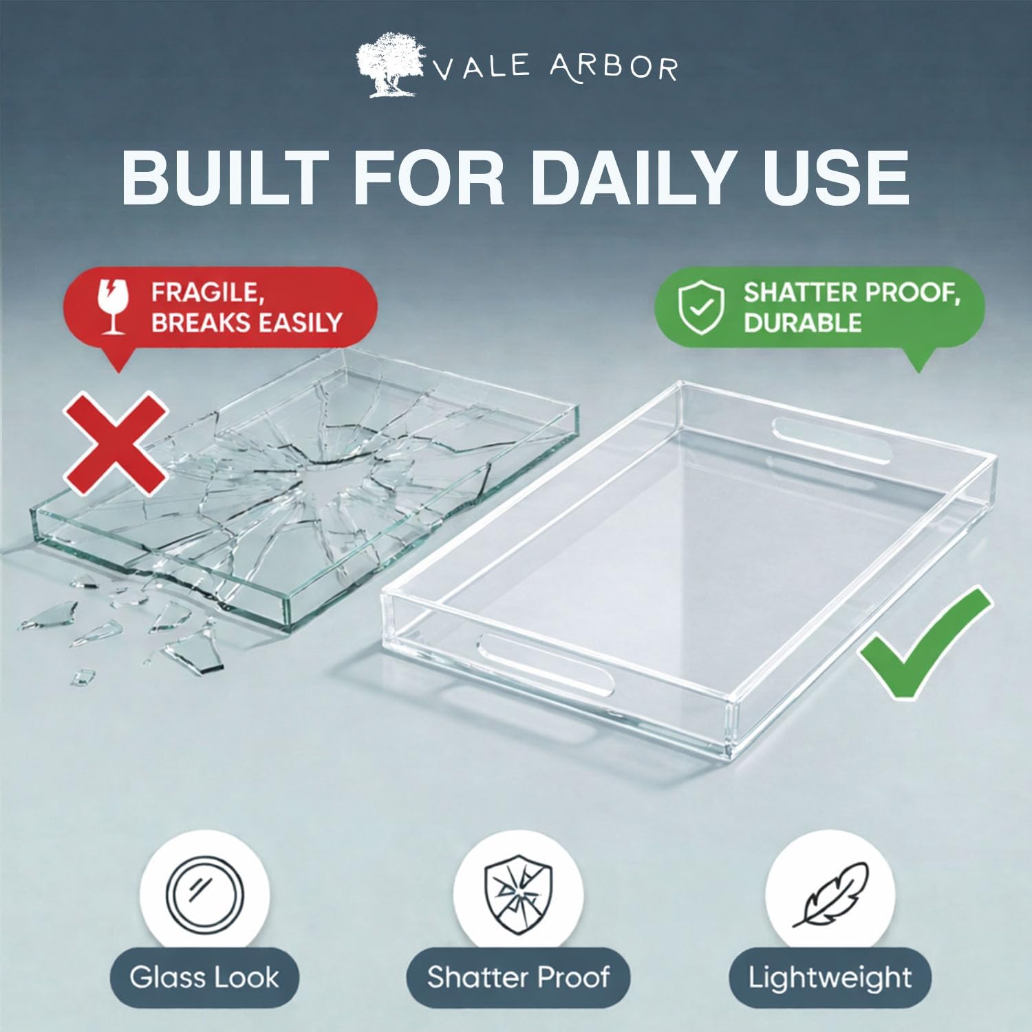 Clear Large Acrylic Serving Tray 20x12, Waterproof Modern Coffee Table Tray with Handles, Decorative Rectangle Acrylic Organizers for Living Room, Bar Cart, Bathroom Decor & Vanity Desk Decor