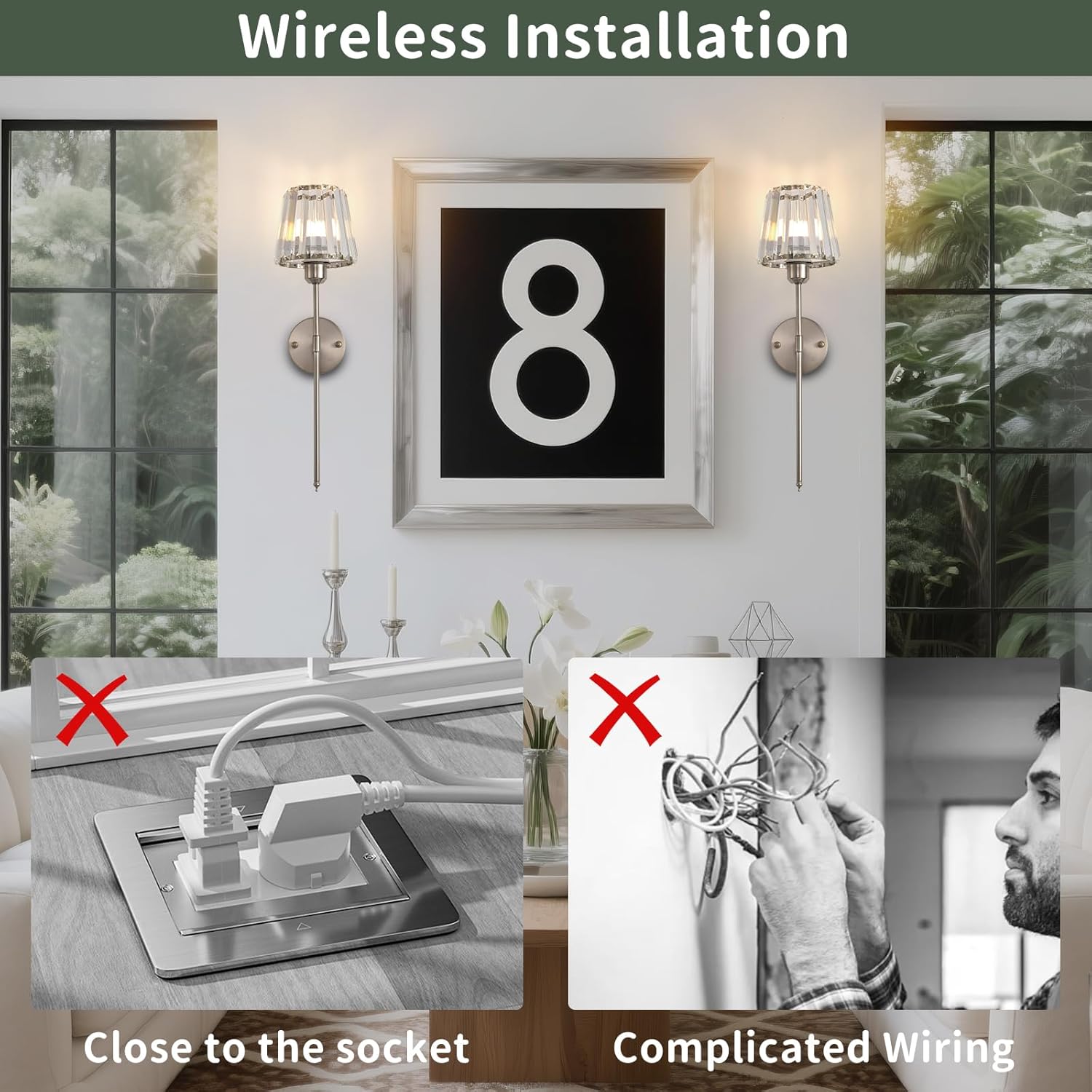 Battery Operated Crystal Wall Sconce Set of 2, Brushed Nickel Wireless Wall Light with Remote Control, LED Dimmable 15 Colors USB Rechargeable Light Bulbs Wall Lamp for Bedroom Living Room Hallway