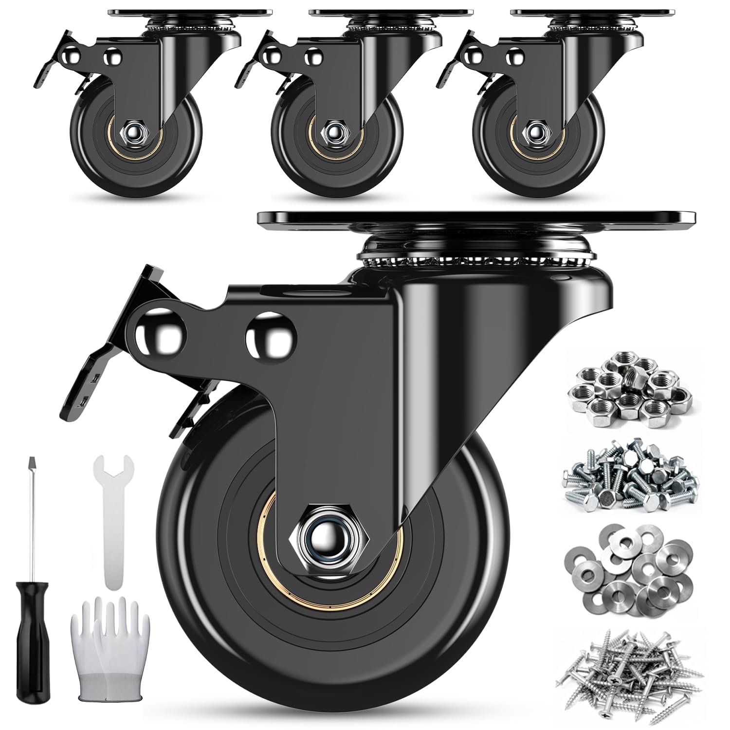 Sohnvwtgd Black 2 Inch Caster Wheels Heavy Duty, Casters Set Of 4 With Dual Locking, No Noise Locking Swivel Casters With Polyurethane For Cart, Furniture And Workbench(Screws And Spanner)
