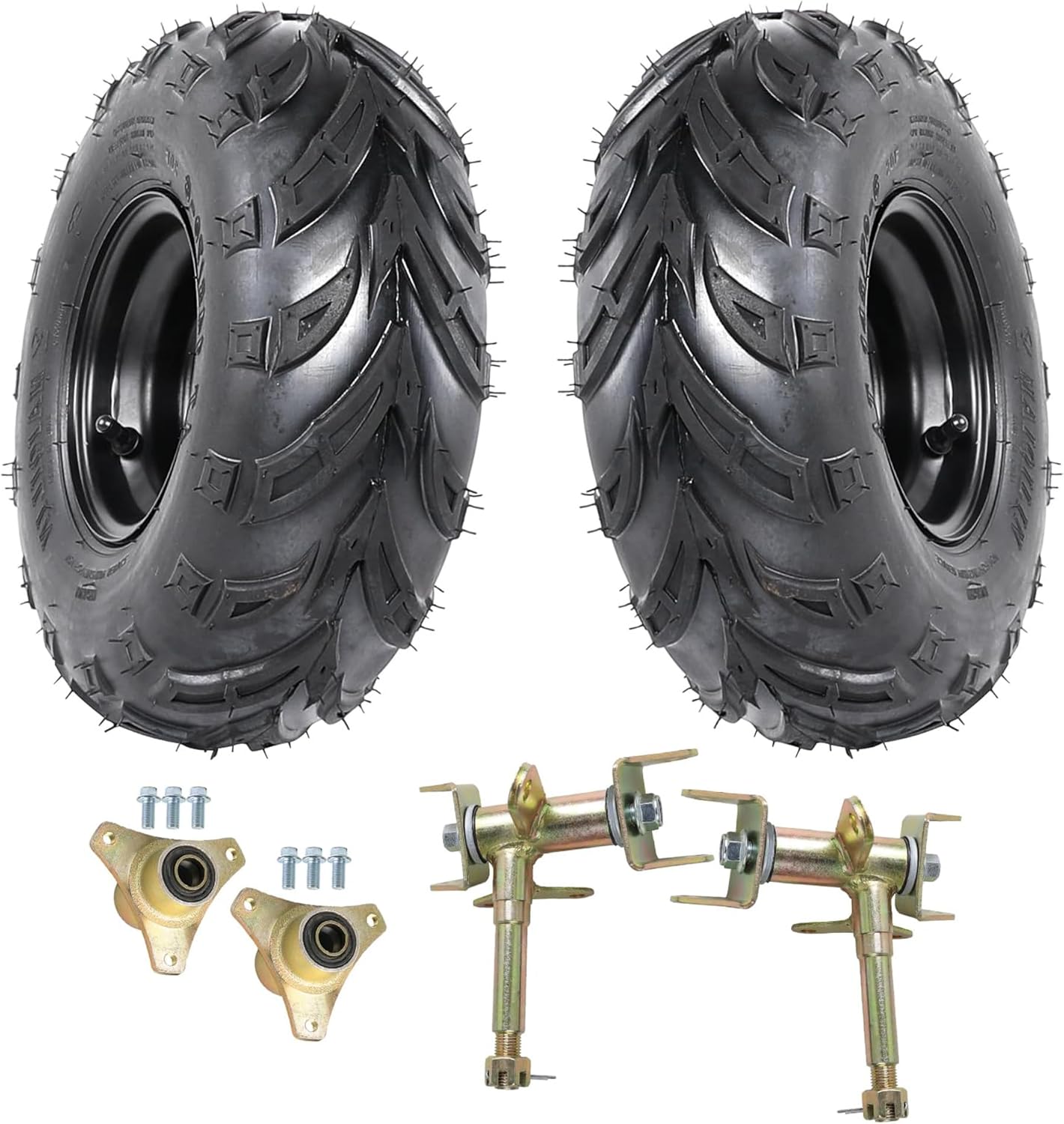 6" Go Kart Tires and Wheels Set 145/70-6 Tubeless Tire on 3-Bolt Rim with Front Disc Brake Steering Spindles & Wheel Hubs, Heavy-Duty 4-Ply Replacement for Drift Trike Mini Bike ATV Quad (Pack of 2)