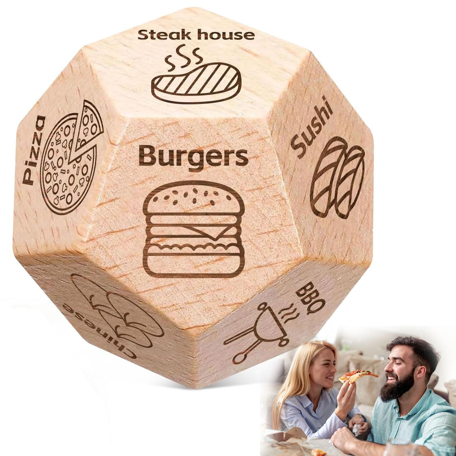 vecora 12 Sided Wooden Food Decision Dice,Food Dice for Her Him Couples Gift Ideas,2026, Date Night Dice With 12 Food Patterns for Boyfriend Girlfriend โ image 1